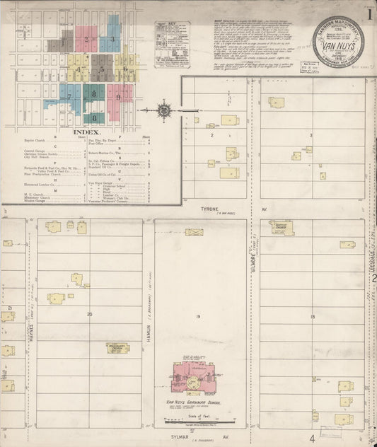 Sanborn Fire Insurance Map from Van Nuys, Los Angeles County, California (1918), Sheet #0001 - Complete Map Set gallery image, historic Sanborn map, vintage wall art, California California