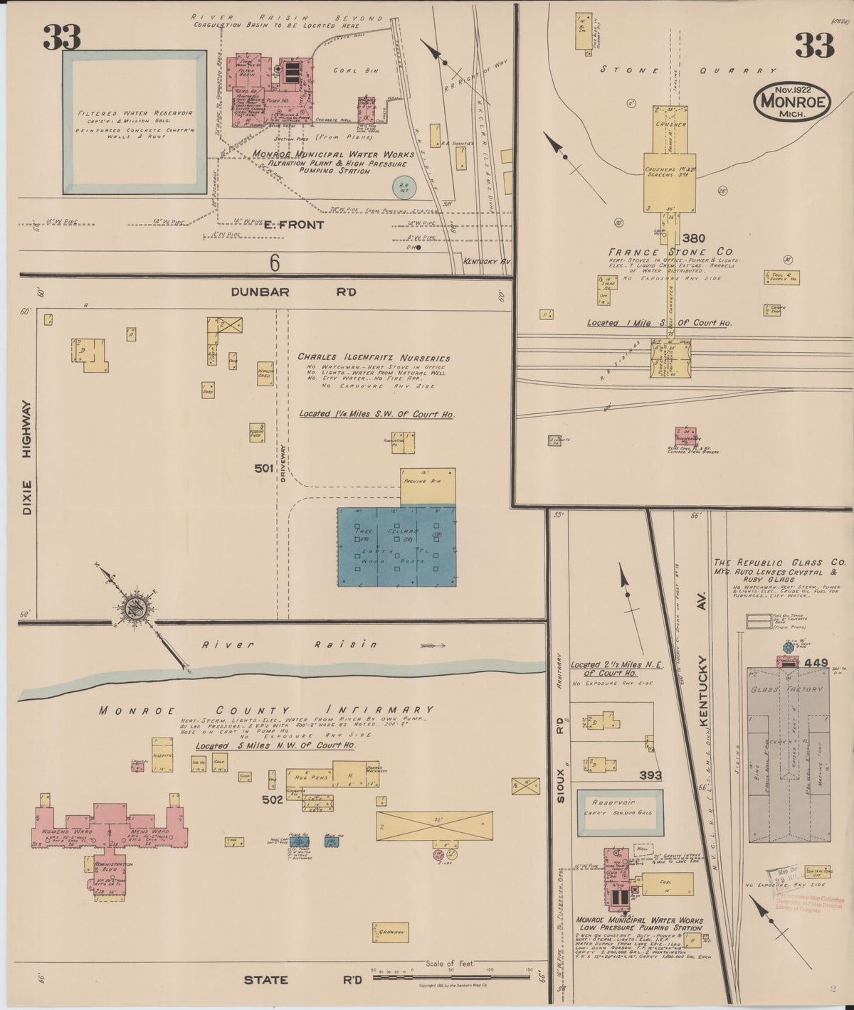 Sanborn Fire Insurance Map from Monroe, Monroe County, Michigan (1922), Sheet #0033 - Historic Sanborn Fire Insurance Map Print, vintage old map wall art, antique decor, genealogy gift, Michigan Michigan map