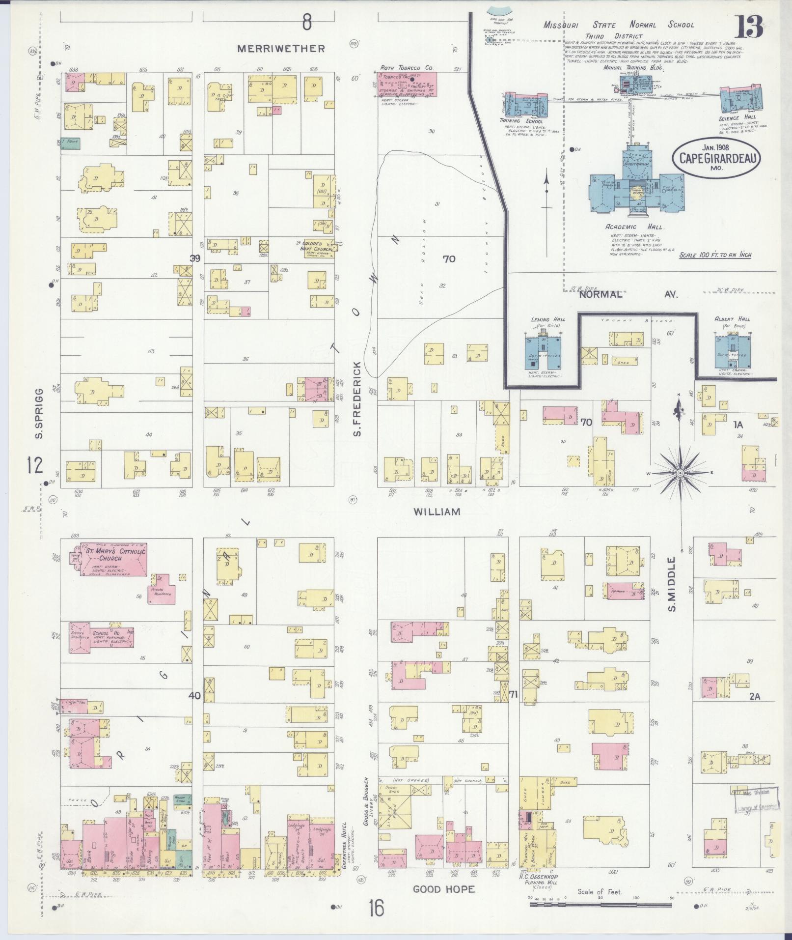 Sanborn Fire Insurance Map from Cape Girardeau, Cape Girardeau County, Missouri (1908), Sheet #0013 - Historic Sanborn Fire Insurance Map Print, vintage old map wall art, antique decor, genealogy gift, Missouri Missouri map