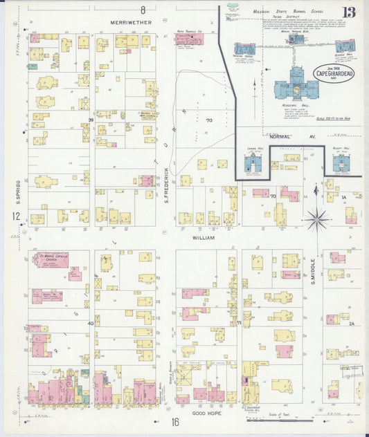 Sanborn Fire Insurance Map from Cape Girardeau, Cape Girardeau County, Missouri (1908), Sheet #0013 - Historic Sanborn Fire Insurance Map Print, vintage old map wall art, antique decor, genealogy gift, Missouri Missouri map