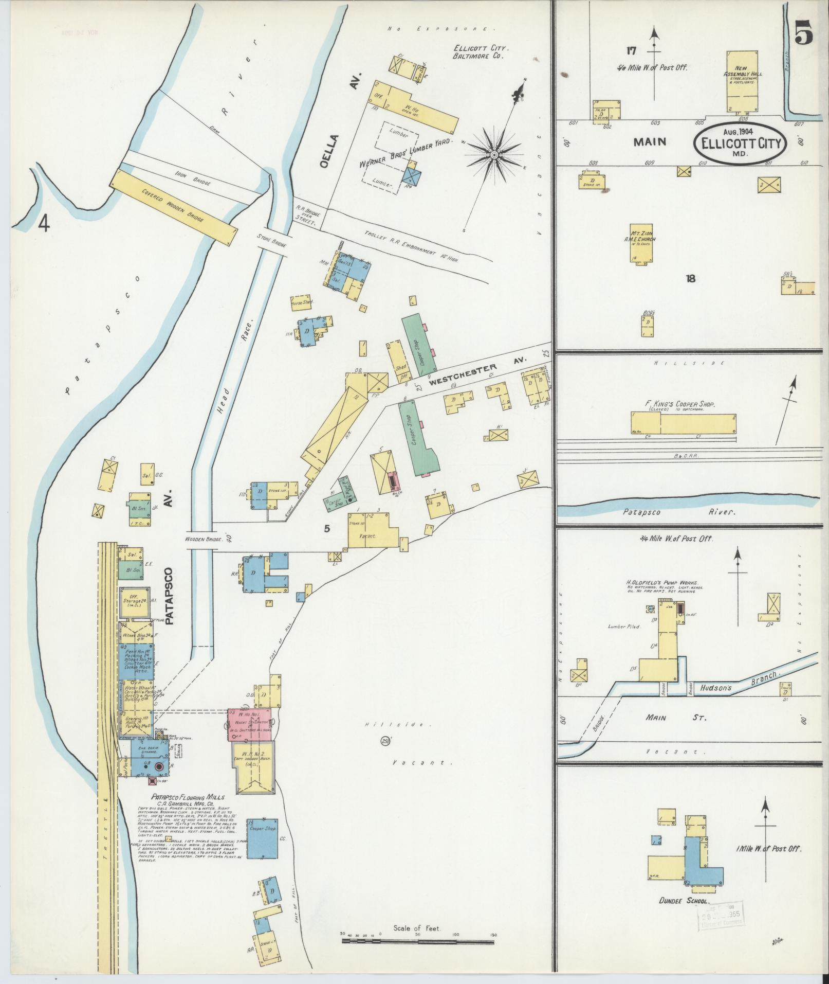 Sanborn Fire Insurance Map from Ellicott City, Howard County, Maryland (1904), Sheet #0005 - Historic Sanborn Fire Insurance Map Print, vintage old map wall art, antique decor, genealogy gift, Maryland Maryland map