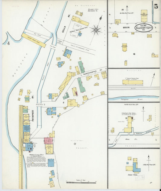 Sanborn Fire Insurance Map from Ellicott City, Howard County, Maryland (1904), Sheet #0005 - Historic Sanborn Fire Insurance Map Print, vintage old map wall art, antique decor, genealogy gift, Maryland Maryland map