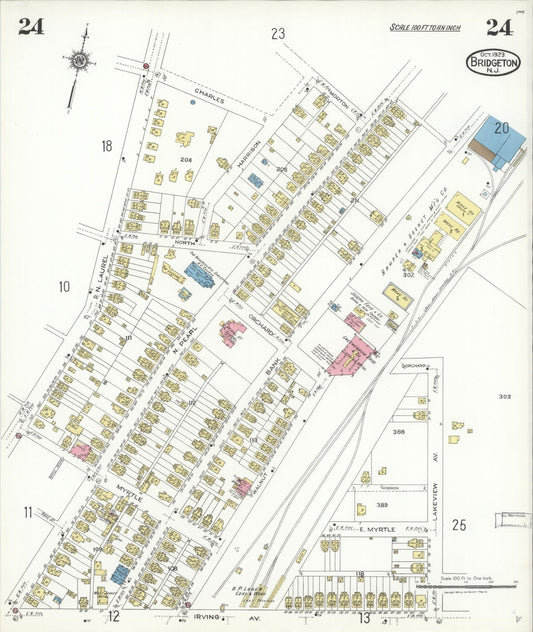 Sanborn Fire Insurance Map from Bridgeton, Cumberland County, New Jersey (1923), Sheet #0024 - Historic Sanborn Fire Insurance Map Print, vintage old map wall art, antique decor, genealogy gift, New Jersey New Jersey map