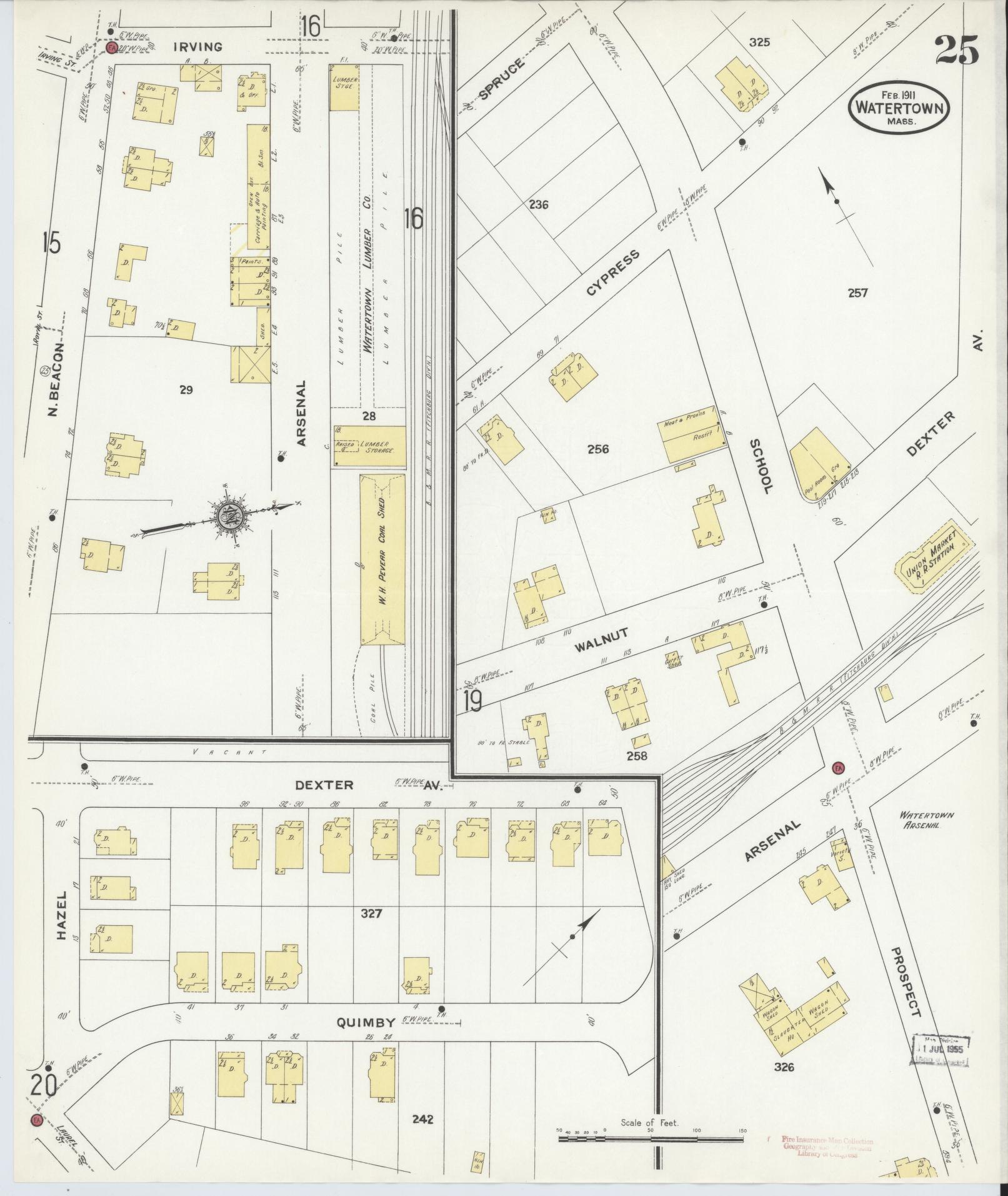 Sanborn Fire Insurance Map from Watertown, Middlesex County, Massachusetts (1911), Sheet #0025 - Historic Sanborn Fire Insurance Map Print, vintage old map wall art, antique decor, genealogy gift, Massachusetts Massachusetts map