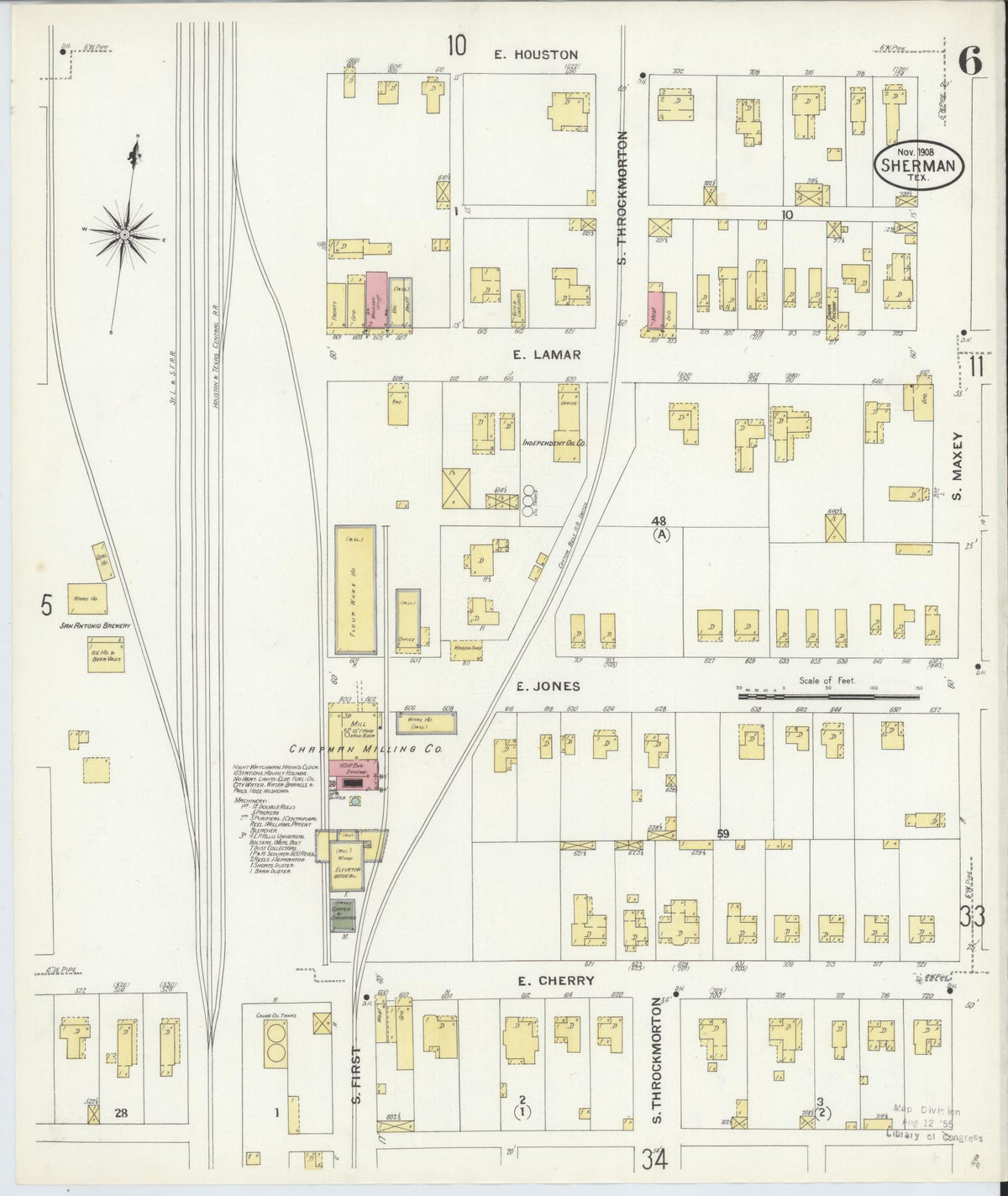 Sanborn Fire Insurance Map from Sherman, Grayson County, Texas (1908), Sheet #0006 - Complete Map Set gallery image, historic Sanborn map, vintage wall art, Texas Texas