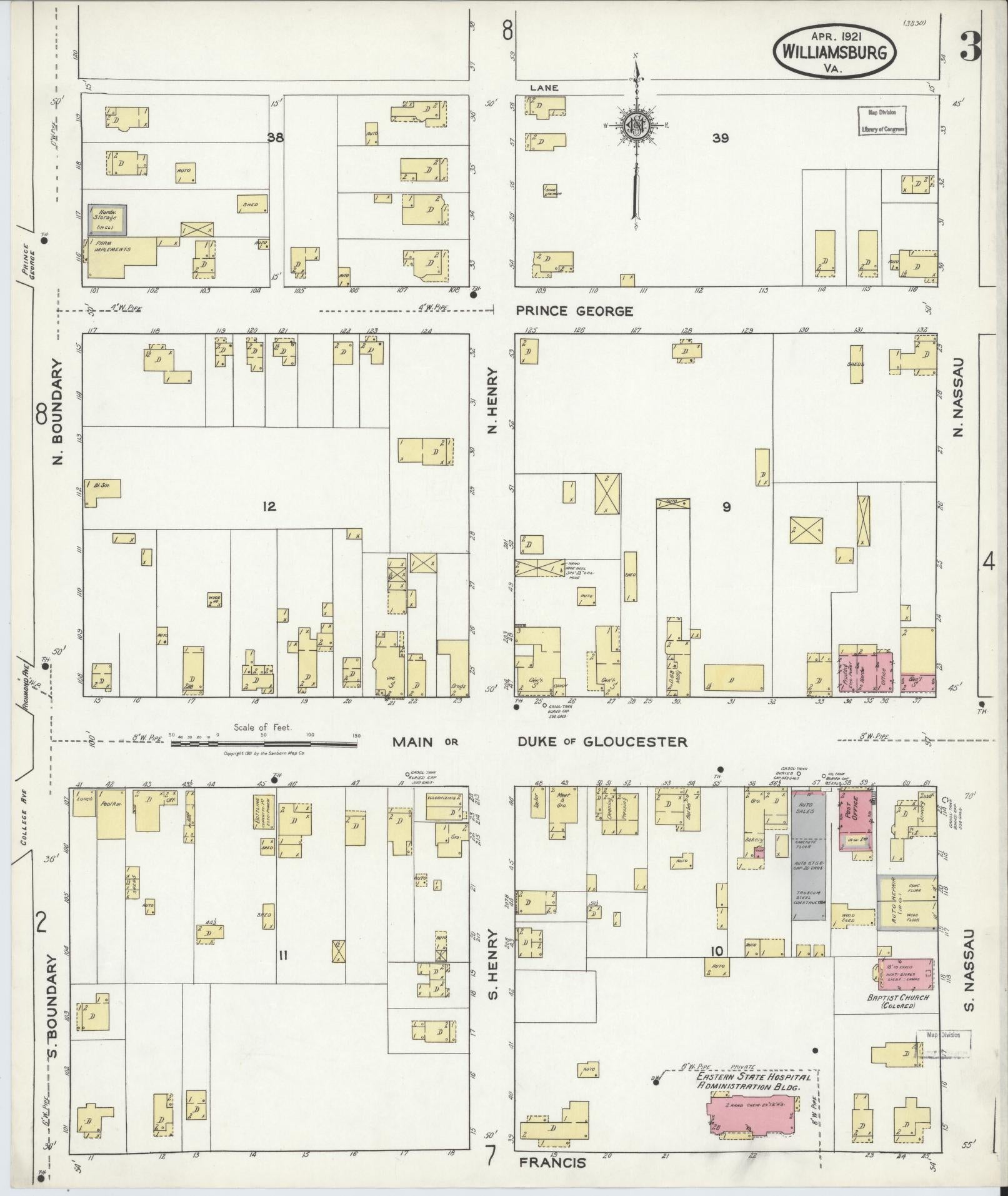 Sanborn Fire Insurance Map from Williamsburg, Independent Cities, Virginia (1921), Sheet #0003 - Complete Map Set gallery image, historic Sanborn map, vintage wall art, Virginia Virginia