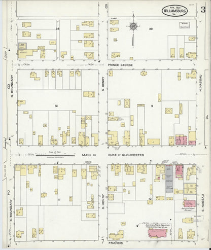 Sanborn Fire Insurance Map from Williamsburg, Independent Cities, Virginia (1921), Sheet #0003 - Complete Map Set gallery image, historic Sanborn map, vintage wall art, Virginia Virginia