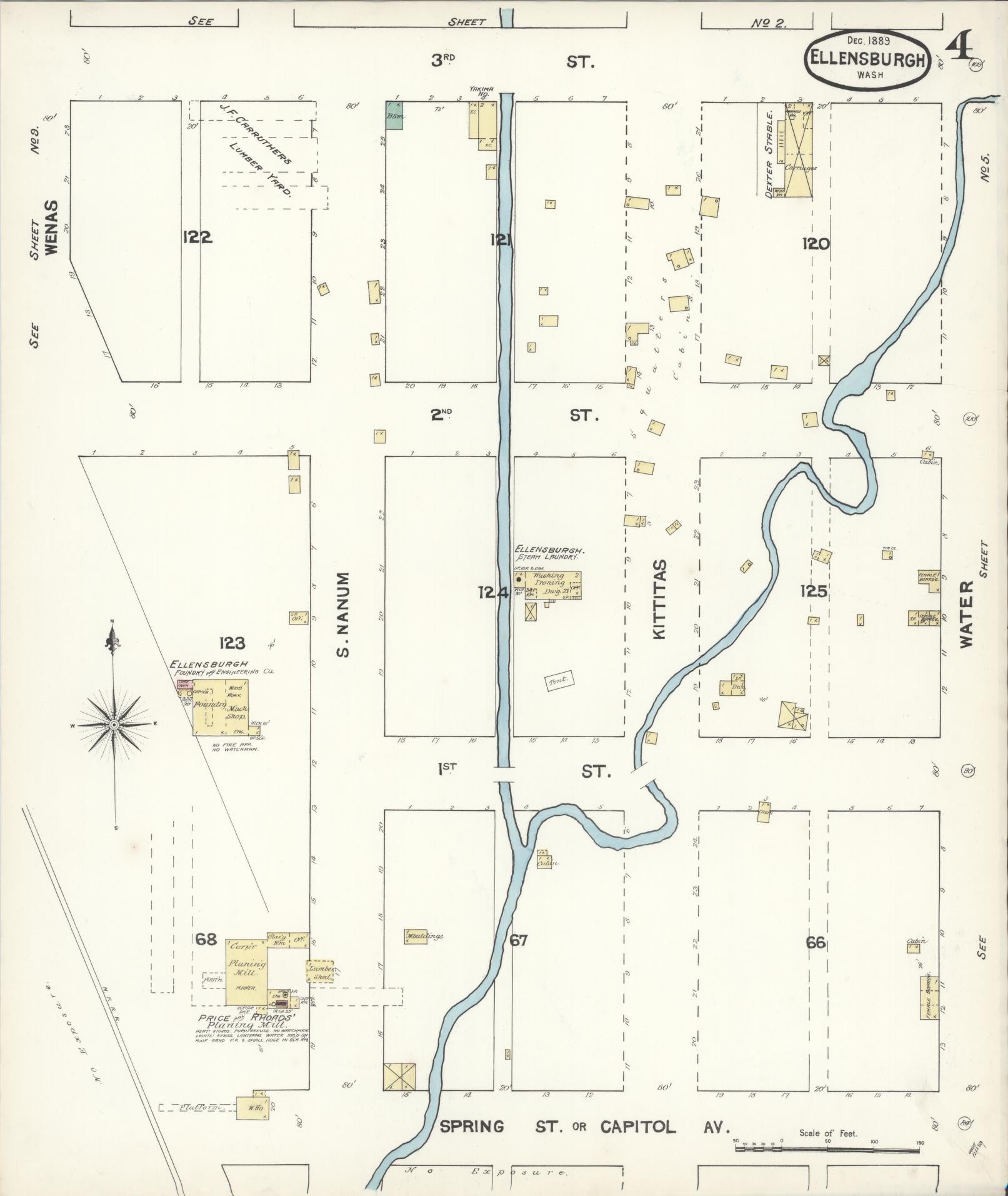 Sanborn Fire Insurance Map from Ellensburg, Kittitas County, Washington (1889), Sheet #0004 - Complete Map Set gallery image, historic Sanborn map, vintage wall art, Washington Washington