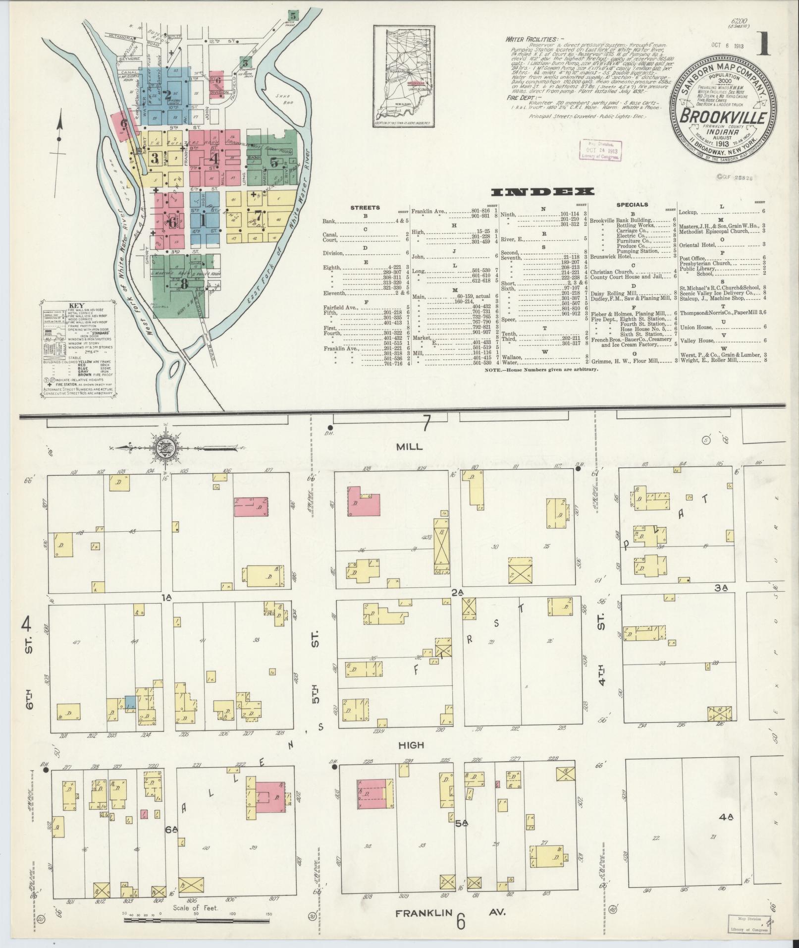 Sanborn Fire Insurance Map from Brookville, Franklin County, Indiana (1913), Sheet #0001 - Complete Map Set gallery image, historic Sanborn map, vintage wall art, Indiana Indiana