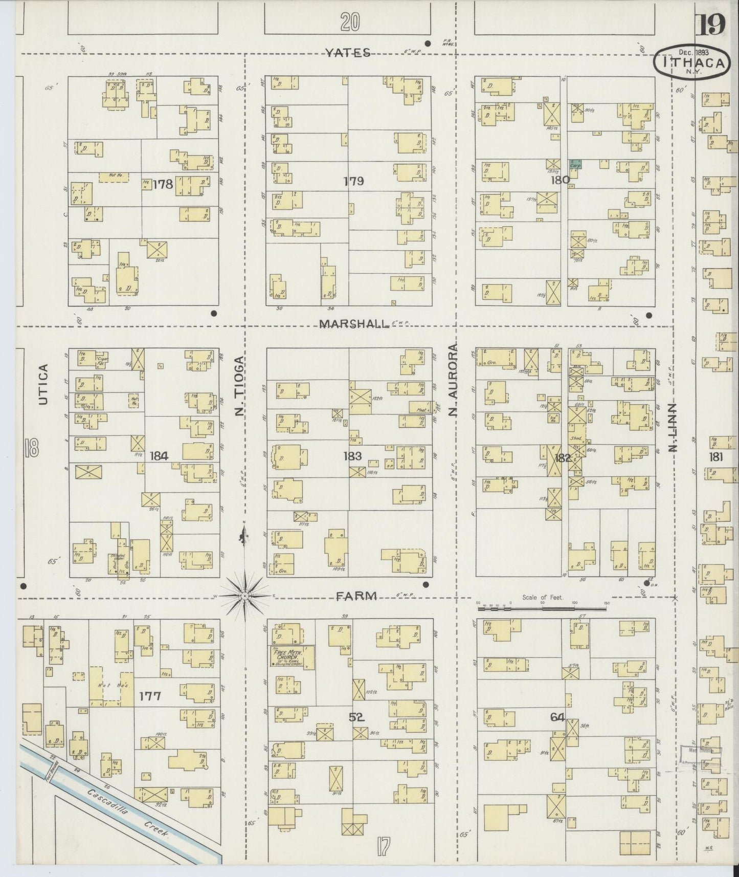 Sanborn Fire Insurance Map from Ithaca, Tompkins County, New York (1893), Sheet #0019 - Historic Sanborn Fire Insurance Map Print, vintage old map wall art, antique decor, genealogy gift, New York New York map