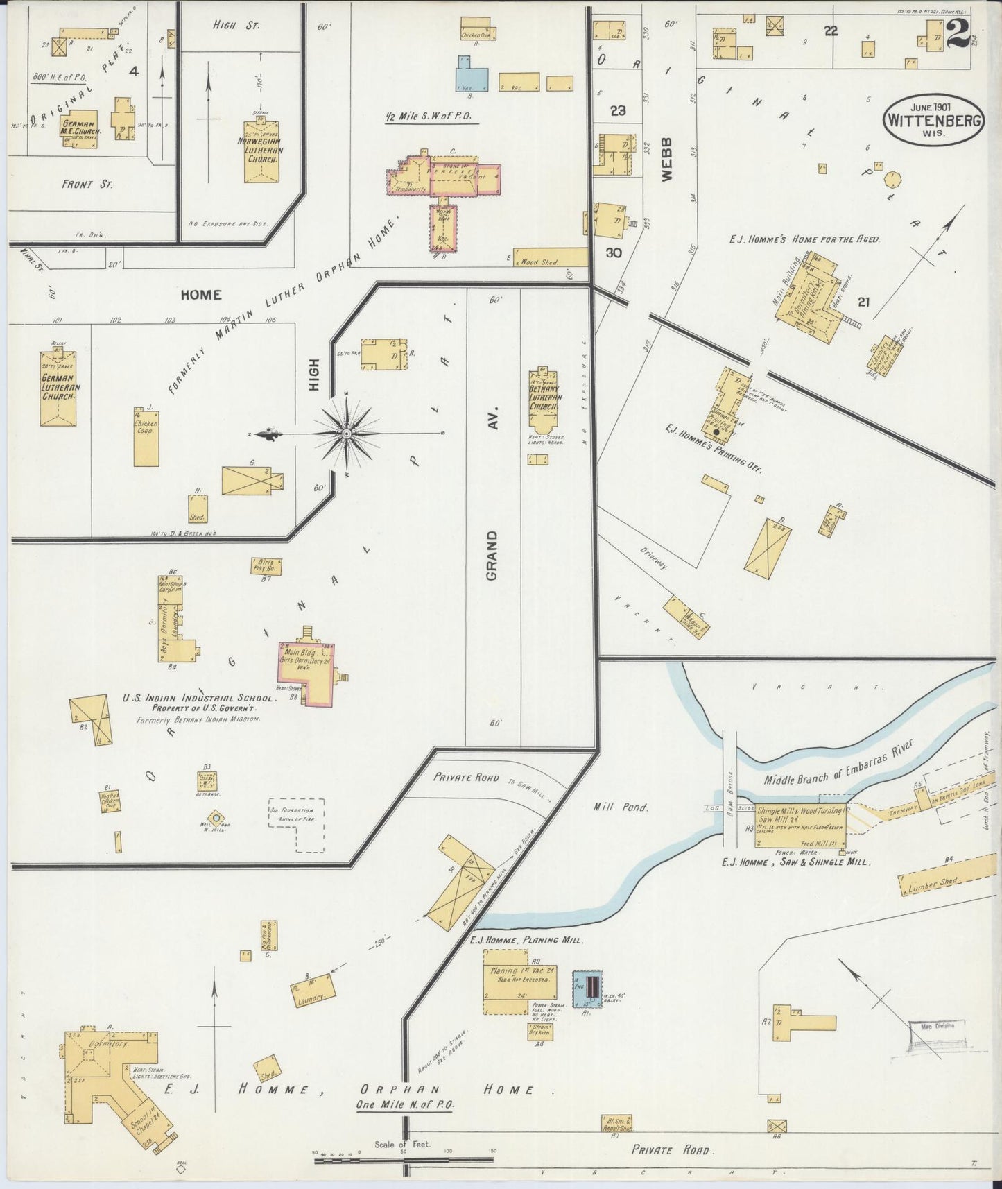 Sanborn Fire Insurance Map from Wittenberg, Shawano County, Wisconsin (1901), Sheet #0002 - Complete Map Set gallery image, historic Sanborn map, vintage wall art, Wisconsin Wisconsin