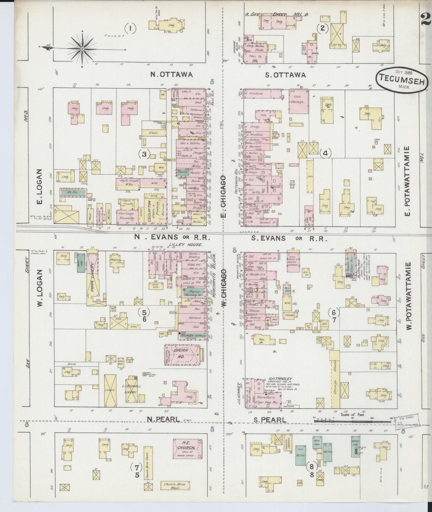 Sanborn Fire Insurance Map from Tecumseh, Lenawee County, Michigan (1888), Sheet #0002 - Complete Map Set gallery image, historic Sanborn map, vintage wall art, Michigan Michigan