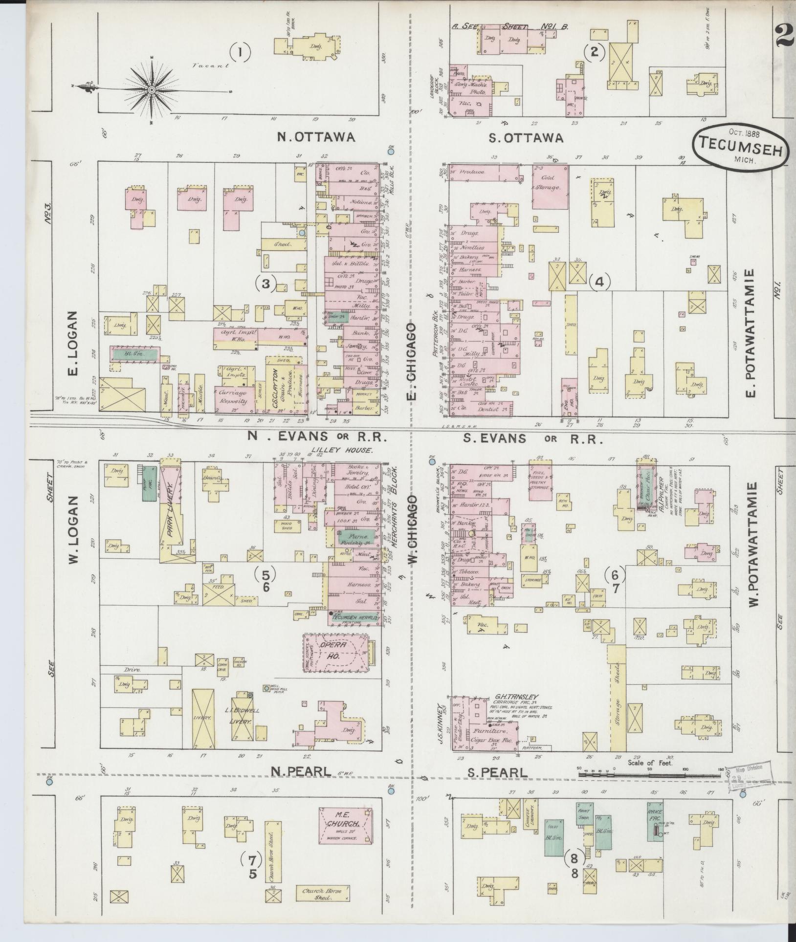 Sanborn Fire Insurance Map from Tecumseh, Lenawee County, Michigan (1888), Sheet #0002 - Complete Map Set gallery image, historic Sanborn map, vintage wall art, Michigan Michigan