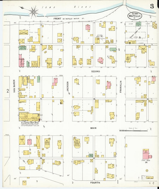 Sanborn Fire Insurance Map from Wapello, Louisa County, Iowa (1899), Sheet #0003 - Historic Sanborn Fire Insurance Map Print, vintage old map wall art
