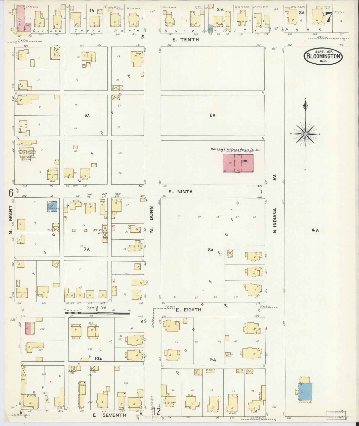 Sanborn Fire Insurance Map from Bloomington, Monroe County, Indiana (1907), Sheet #0007 - Complete Map Set gallery image, historic Sanborn map, vintage wall art, Indiana Indiana