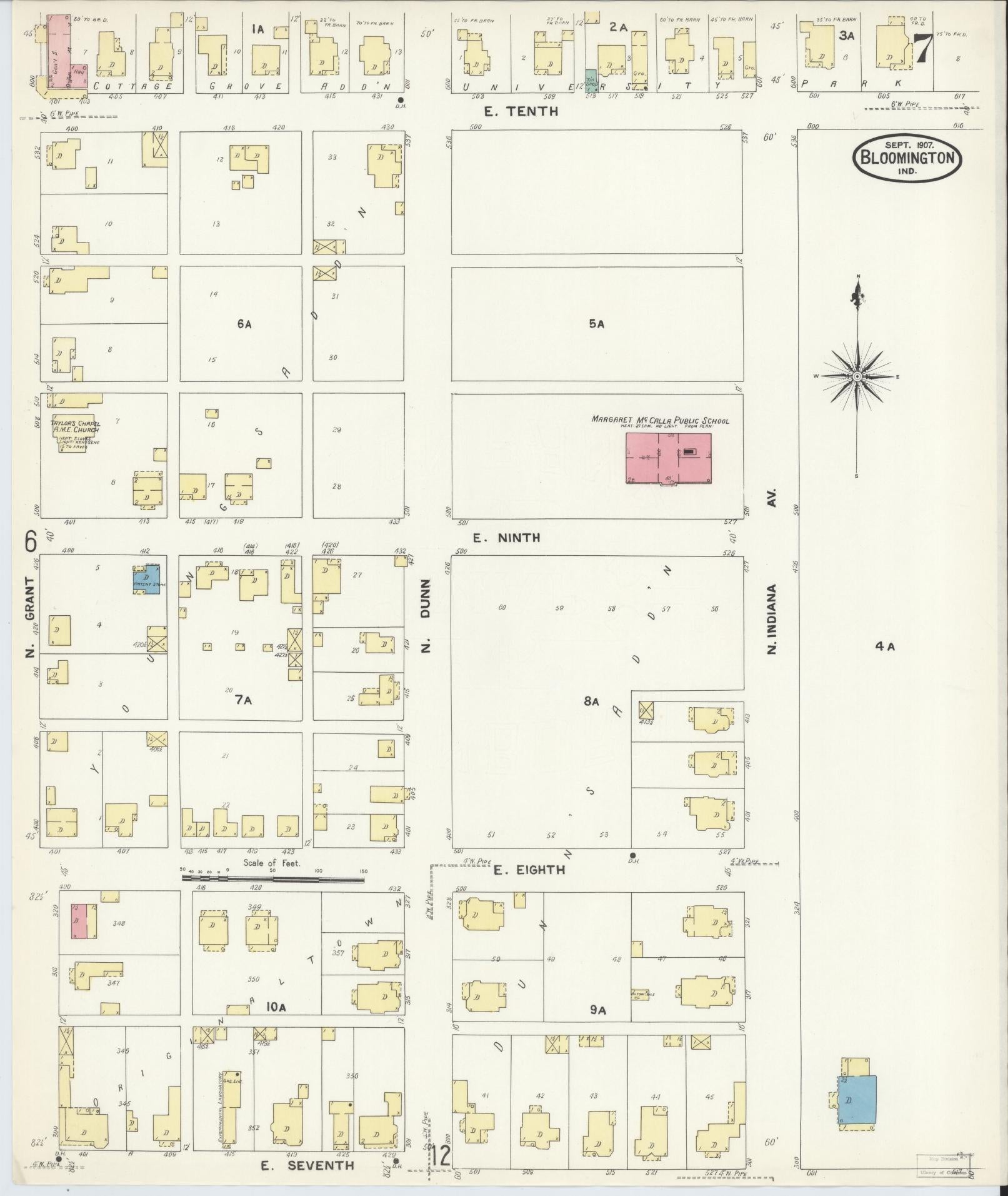 Sanborn Fire Insurance Map from Bloomington, Monroe County, Indiana (1907), Sheet #0007 - Complete Map Set gallery image, historic Sanborn map, vintage wall art, Indiana Indiana