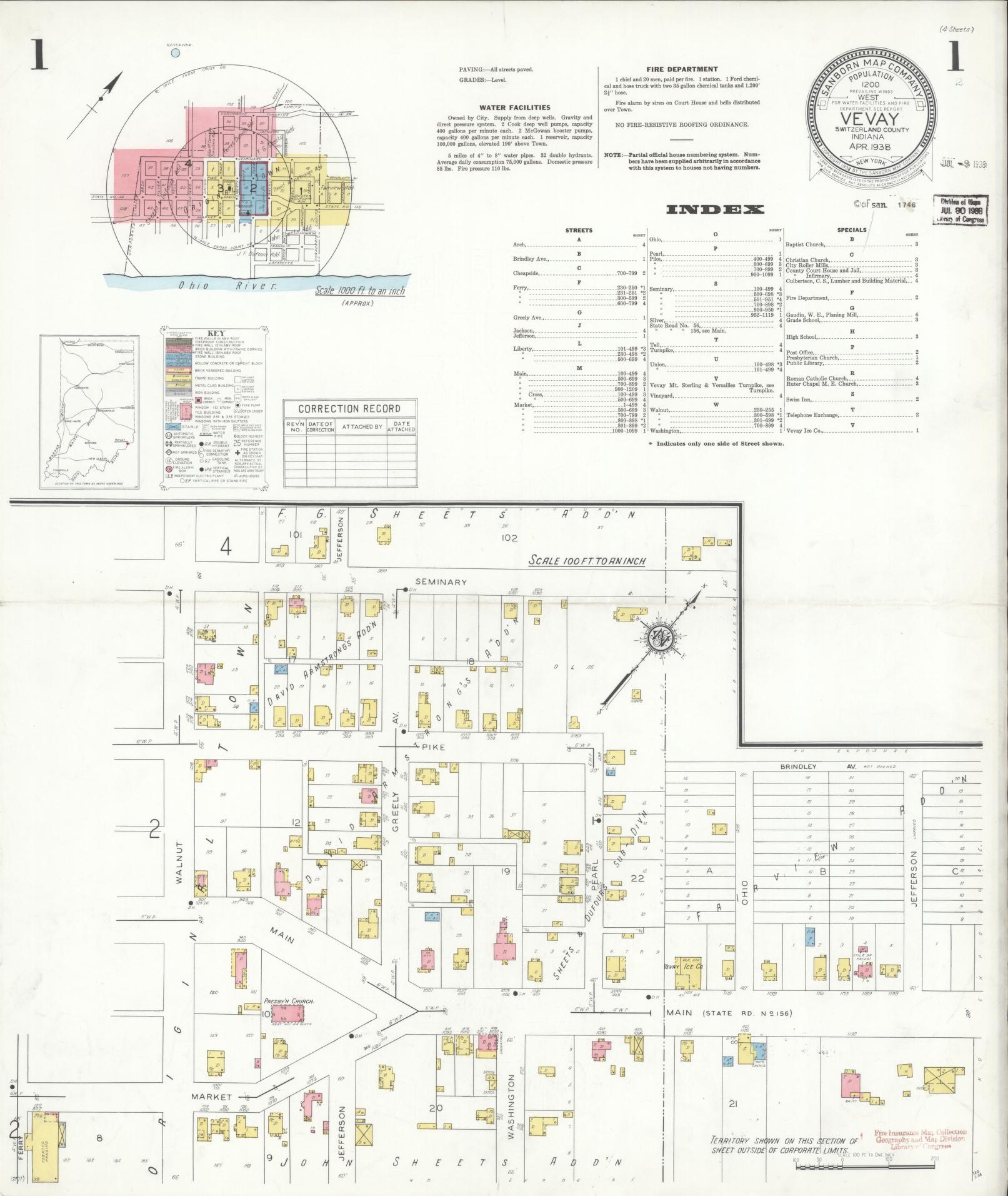 Sanborn Fire Insurance Map from Vevay, Switzerland County, Indiana. (1938) – Historic Sanborn Fire Insurance Map Print