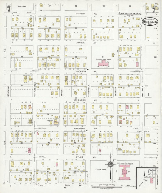 Sanborn Fire Insurance Map from Harlingen, Cameron County, Texas (1925), Sheet #0007 - Historic Sanborn Fire Insurance Map Print, vintage old map wall art, antique decor, genealogy gift, Texas Texas map