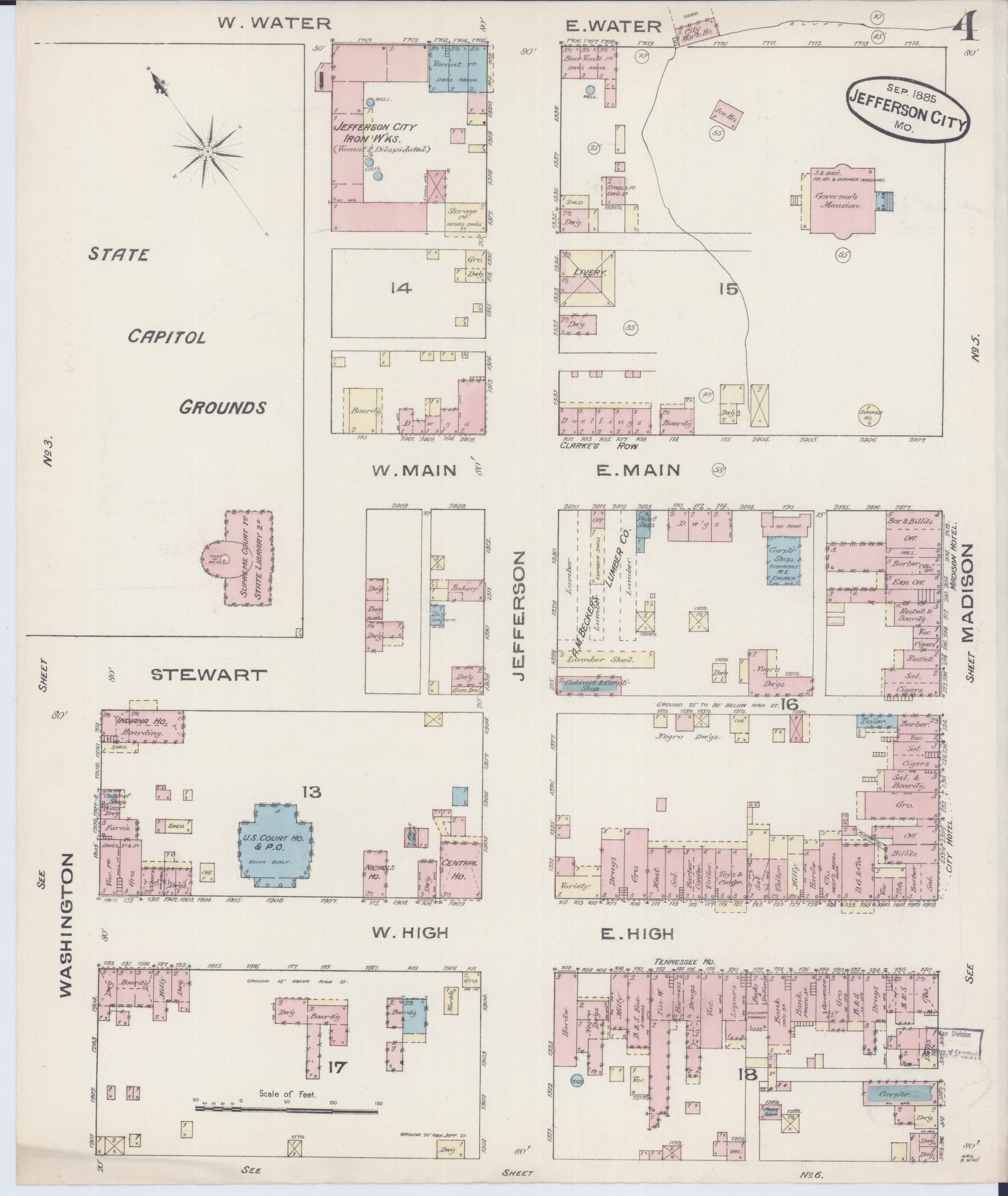 Sanborn Fire Insurance Map from Jefferson City, Cole County, Missouri (1885), Sheet #0004 - Historic Sanborn Fire Insurance Map Print, vintage old map wall art, antique decor, genealogy gift, Missouri Missouri map