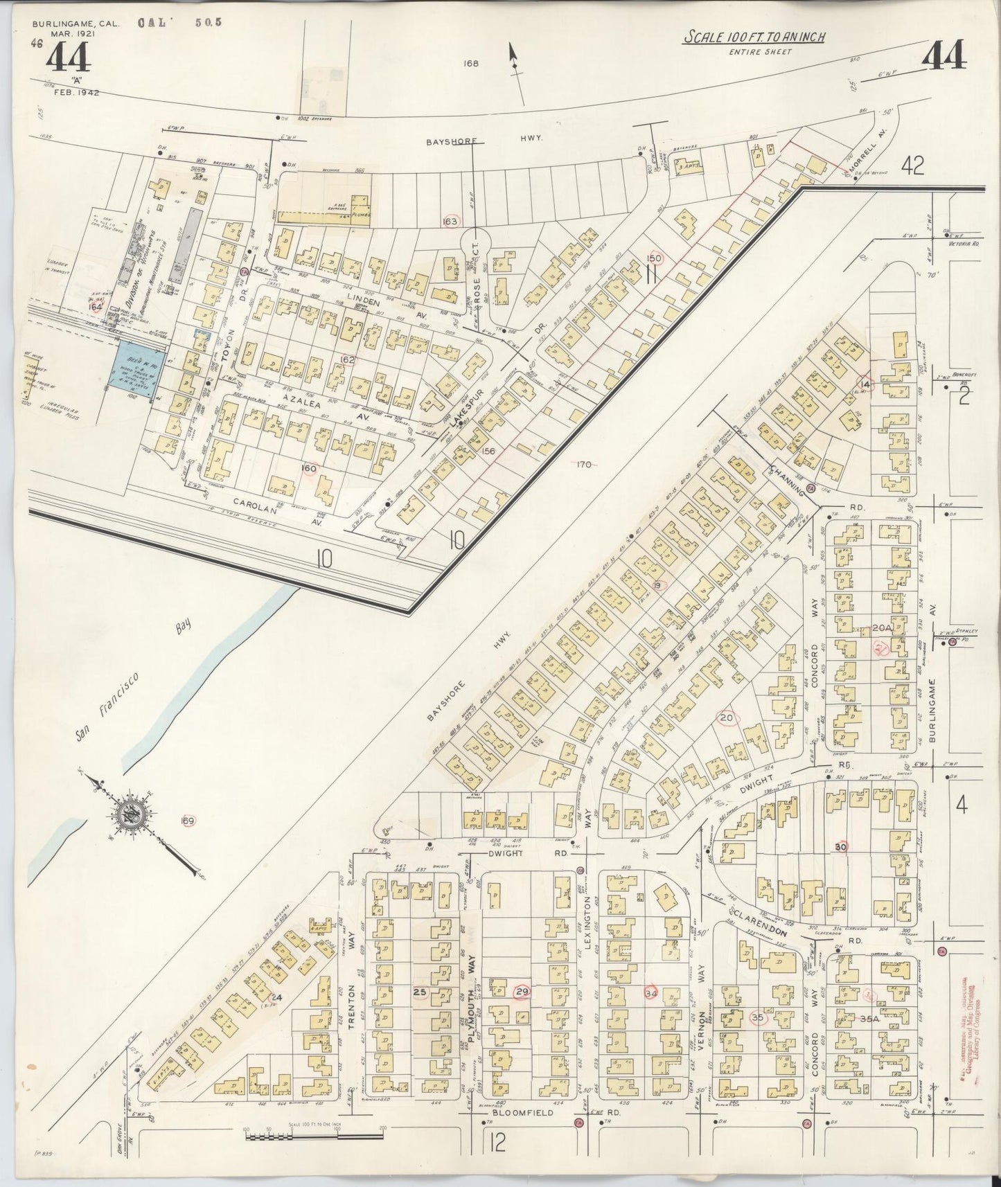 Sanborn Fire Insurance Map from Burlingame, San Mateo County, California (1949), Sheet #0044 - Complete Map Set gallery image, historic Sanborn map, vintage wall art, California California