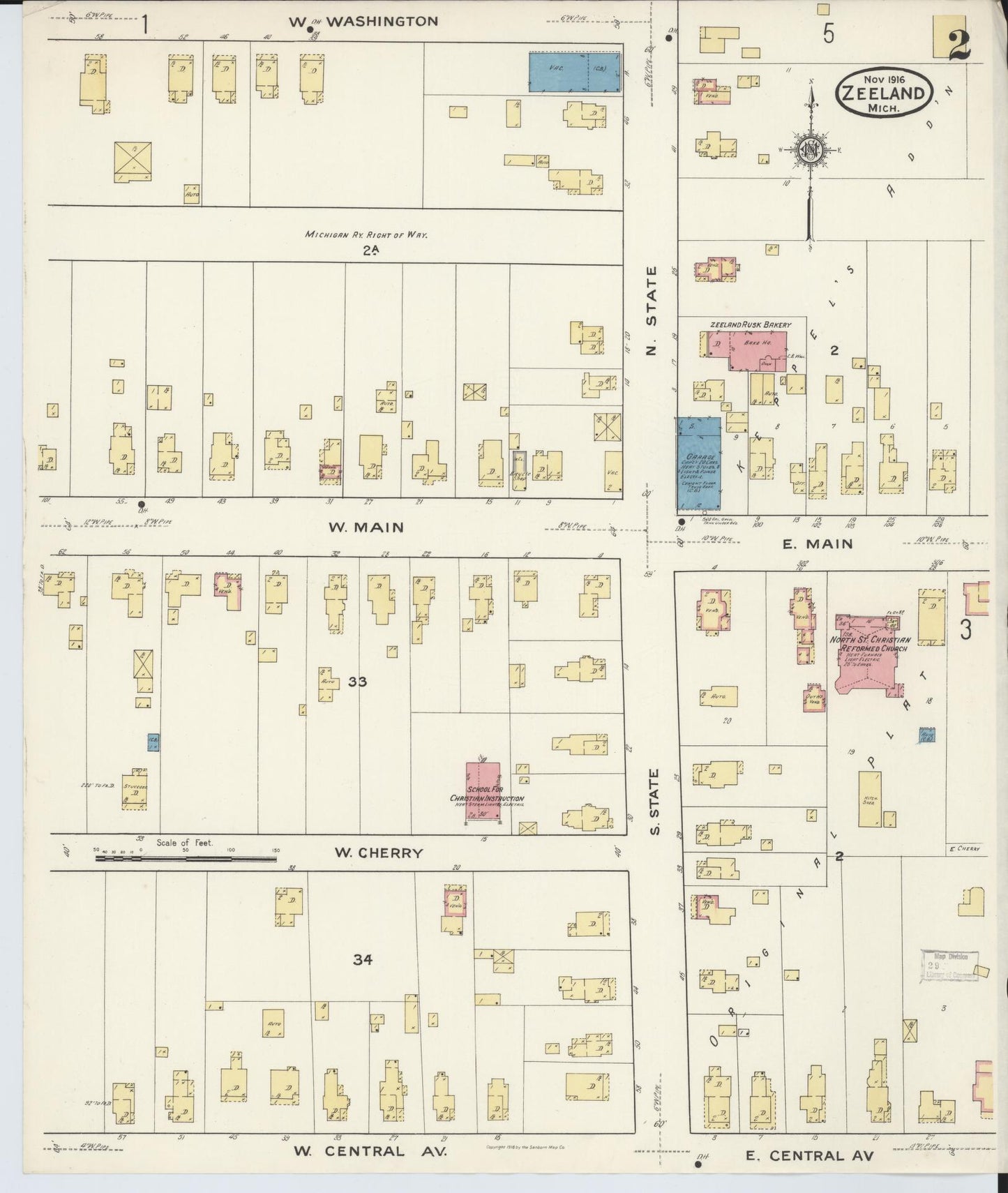 Sanborn Fire Insurance Map from Zeeland, Ottawa County, Michigan (1916), Sheet #0002 - Historic Sanborn Fire Insurance Map Print, vintage old map wall art, antique decor, genealogy gift, Michigan Michigan map