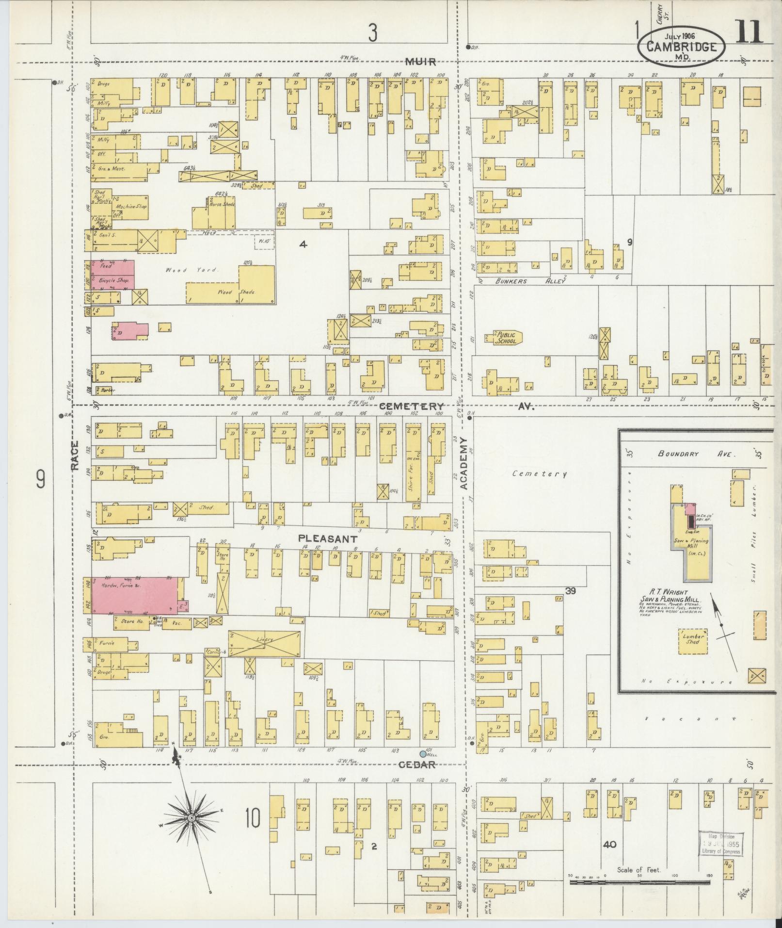 Dorchester, Maryland - 1906 - Sanborn Fire Insurance Map, Sheet #0011 - Historic Sanborn Fire Insurance Map Print, Dorchester Maryland 1906 0011 vintage old map wall art