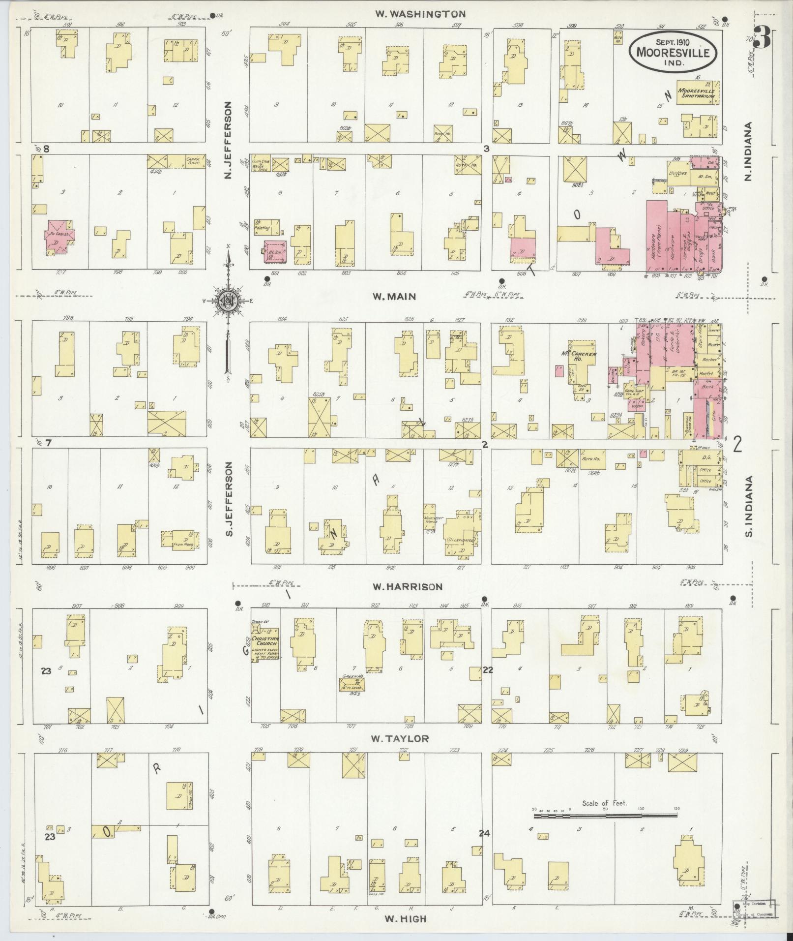 Sanborn Fire Insurance Map from Mooresville, Morgan County, Indiana (1910), Sheet #0003 - Complete Map Set gallery image, historic Sanborn map, vintage wall art, Indiana Indiana