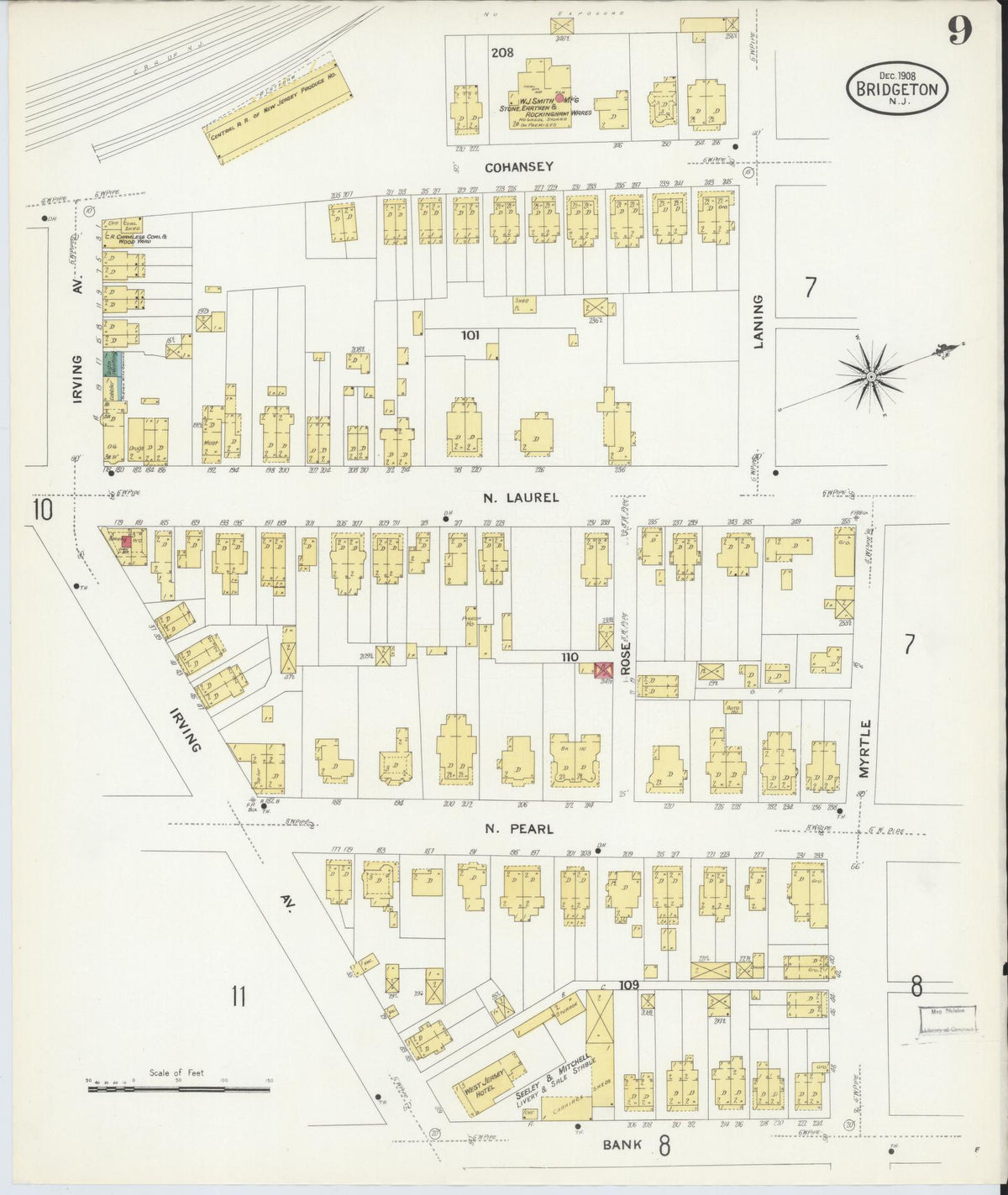 Sanborn Fire Insurance Map from Bridgeton, Cumberland County, New Jersey (1908), Sheet #0009 - Complete Map Set gallery image, historic Sanborn map, vintage wall art, New Jersey New Jersey