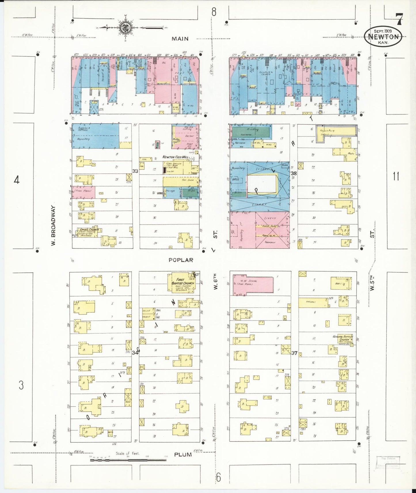 Sanborn Fire Insurance Map from Newton, Harvey County, Kansas (1909), Sheet #0007 - Complete Map Set gallery image, historic Sanborn map, vintage wall art, Kansas Kansas