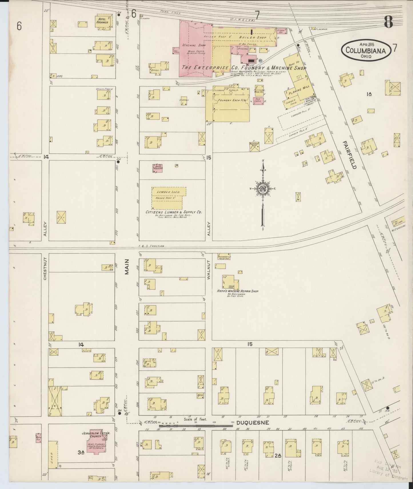 Sanborn Fire Insurance Map from Columbiana, Columbiana County, Ohio (1915), Sheet #0008 - Historic Sanborn Fire Insurance Map Print, vintage old map wall art, antique decor, genealogy gift, Ohio Ohio map