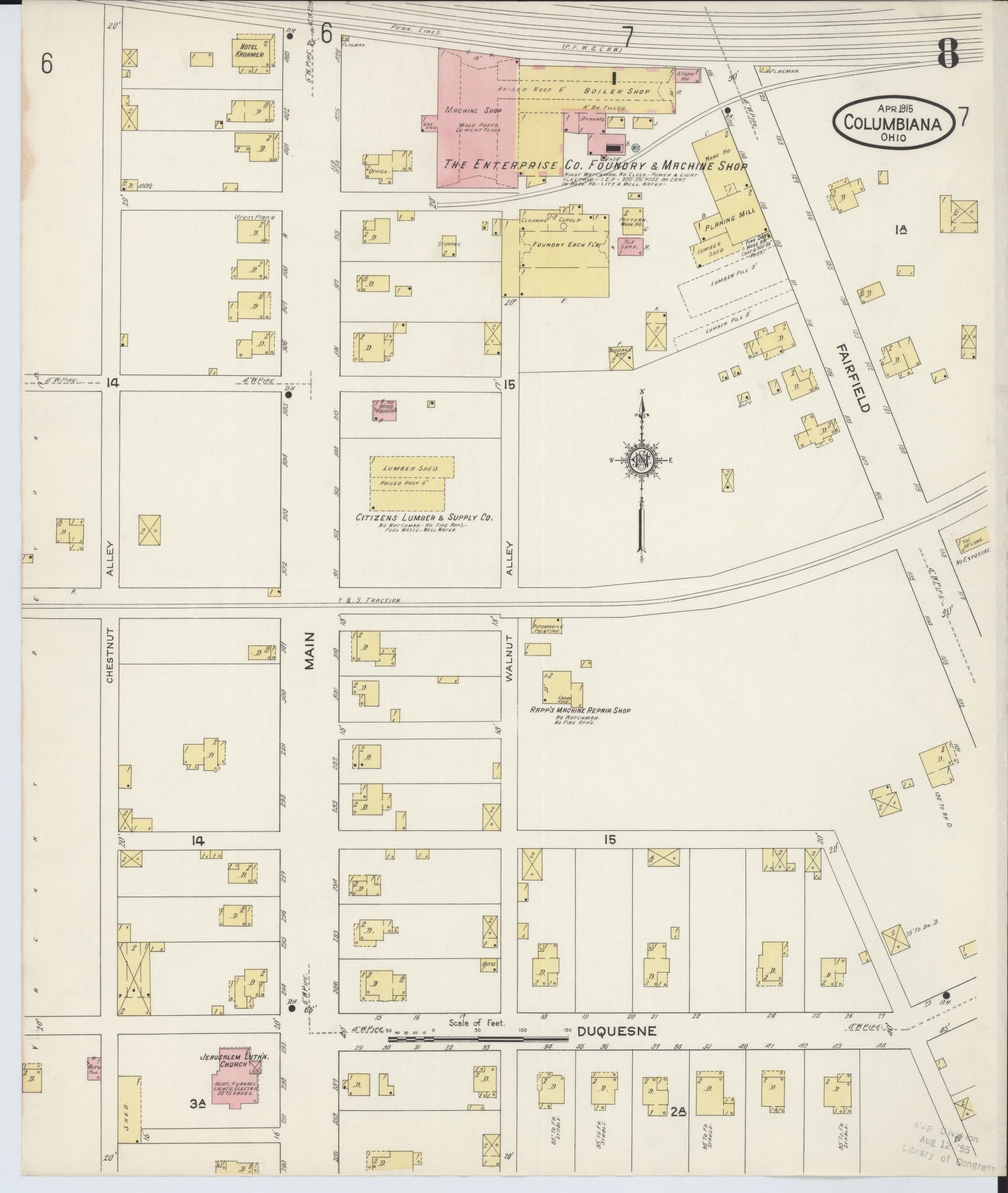 Sanborn Fire Insurance Map from Columbiana, Columbiana County, Ohio (1915), Sheet #0008 - Historic Sanborn Fire Insurance Map Print, vintage old map wall art, antique decor, genealogy gift, Ohio Ohio map