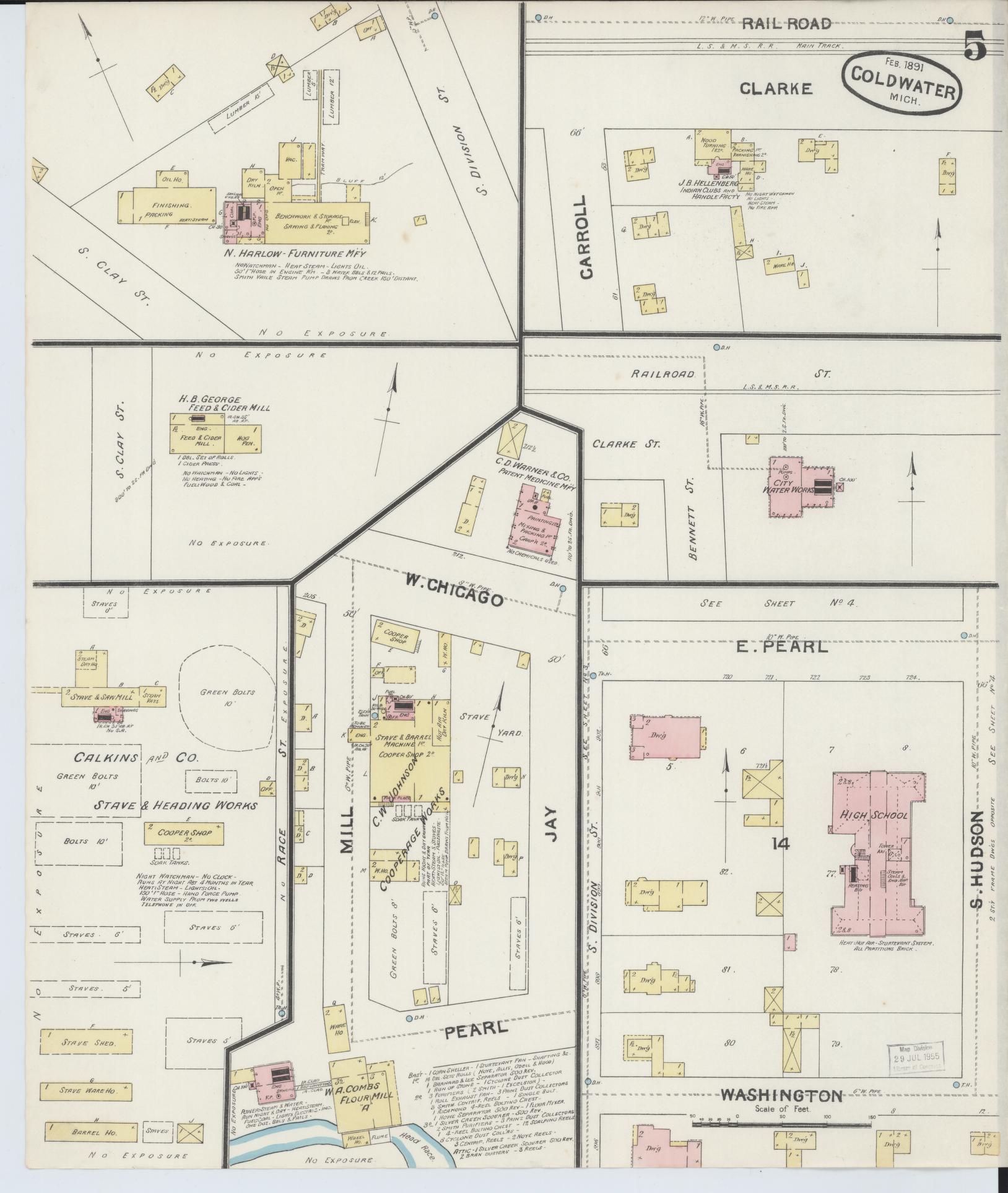 Sanborn Fire Insurance Map from Coldwater, Branch County, Michigan (1891), Sheet #0005 - Historic Sanborn Fire Insurance Map Print, vintage old map wall art, antique decor, genealogy gift, Michigan Michigan map