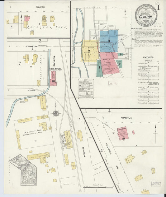 Sanborn Fire Insurance Map from Clinton, Lenawee County, Michigan (1912), Sheet #0001 - Complete Map Set gallery image, historic Sanborn map, vintage wall art, Michigan Michigan