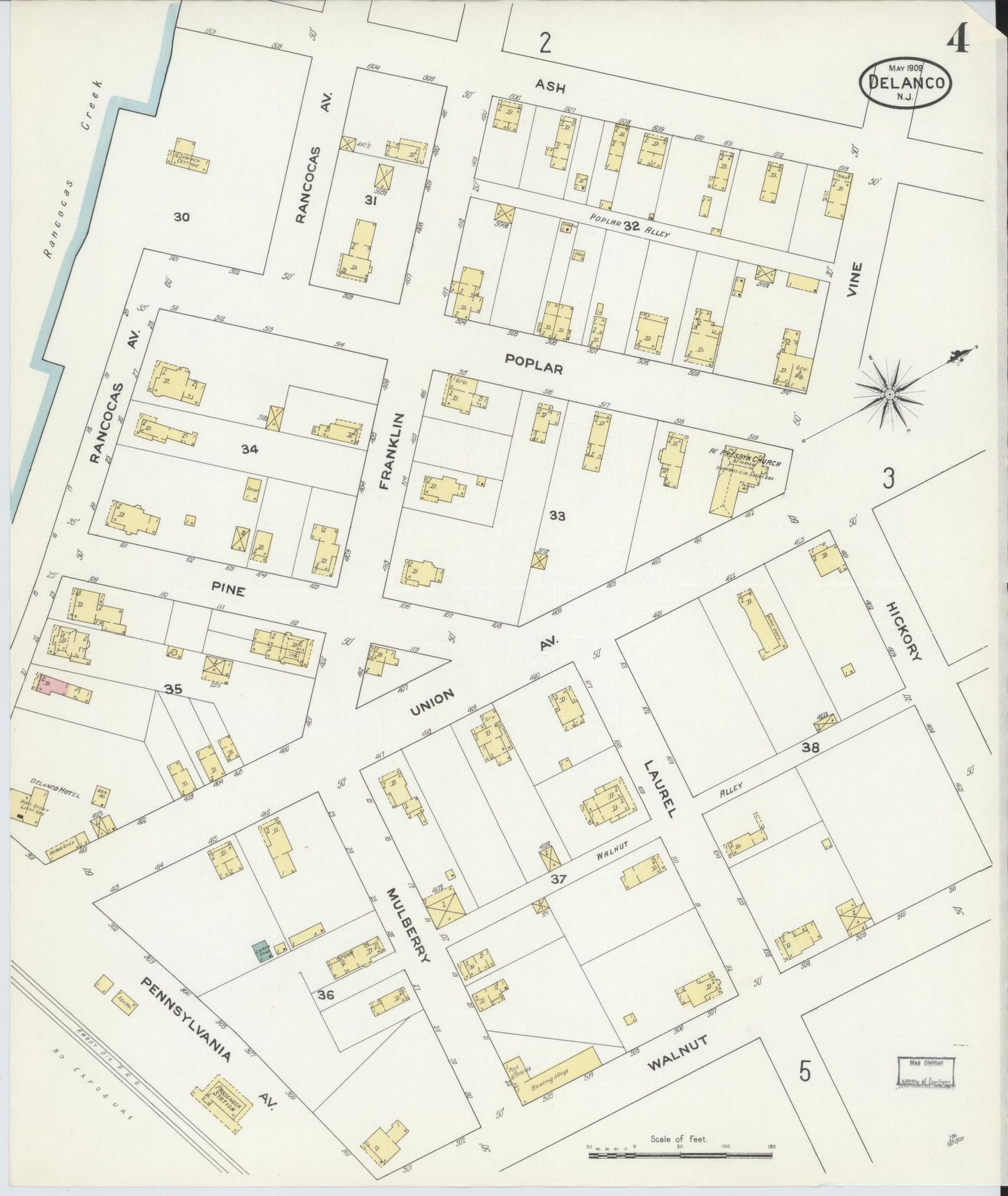 Sanborn Fire Insurance Map from Delanco, Burlington County, New Jersey (1909), Sheet #0004 - Historic Sanborn Fire Insurance Map Print, vintage old map wall art, antique decor, genealogy gift, New Jersey New Jersey map