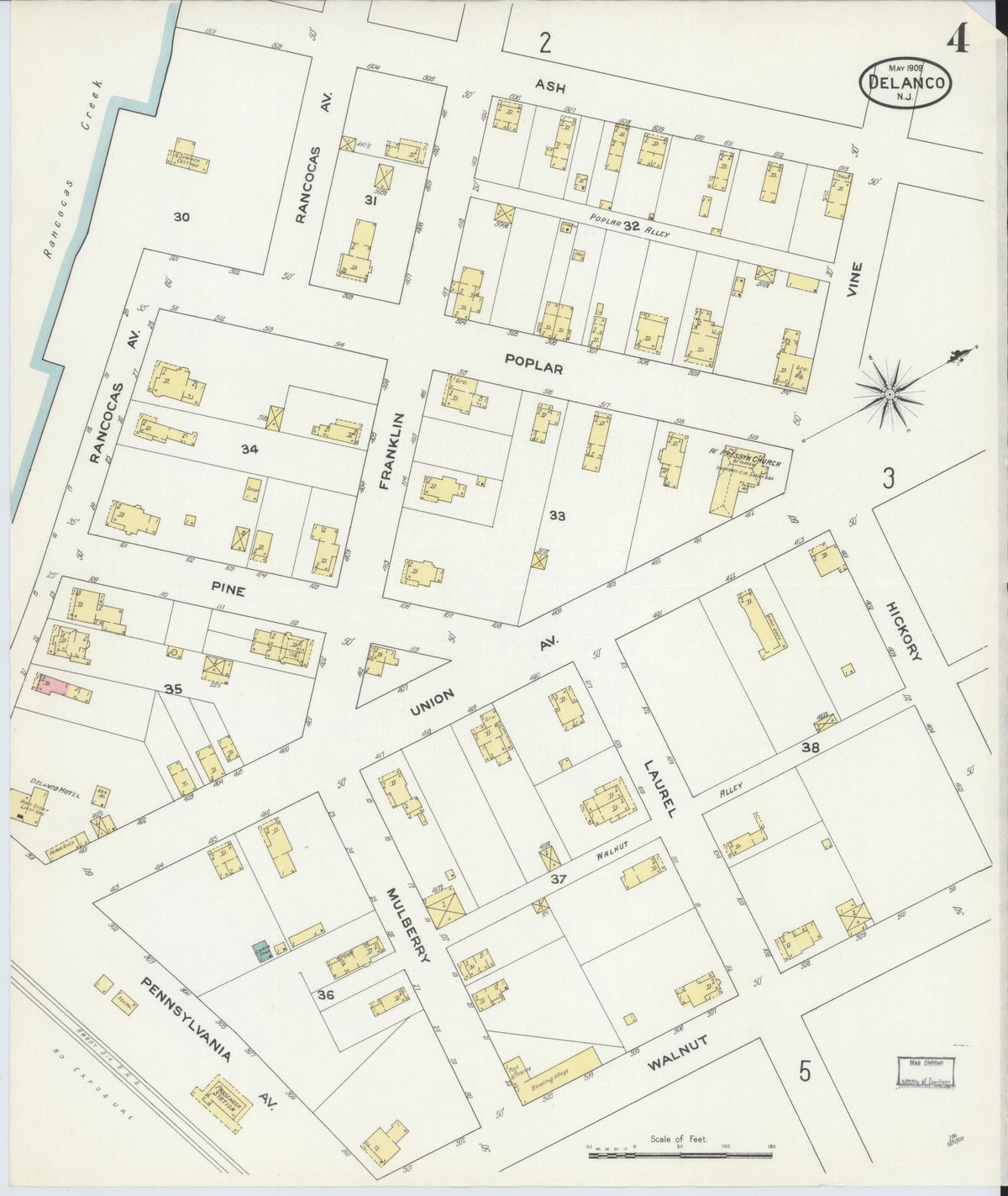 Sanborn Fire Insurance Map from Delanco, Burlington County, New Jersey (1909), Sheet #0004 - Historic Sanborn Fire Insurance Map Print, vintage old map wall art, antique decor, genealogy gift, New Jersey New Jersey map