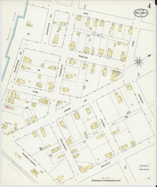 Sanborn Fire Insurance Map from Delanco, Burlington County, New Jersey (1909), Sheet #0004 - Historic Sanborn Fire Insurance Map Print, vintage old map wall art, antique decor, genealogy gift, New Jersey New Jersey map