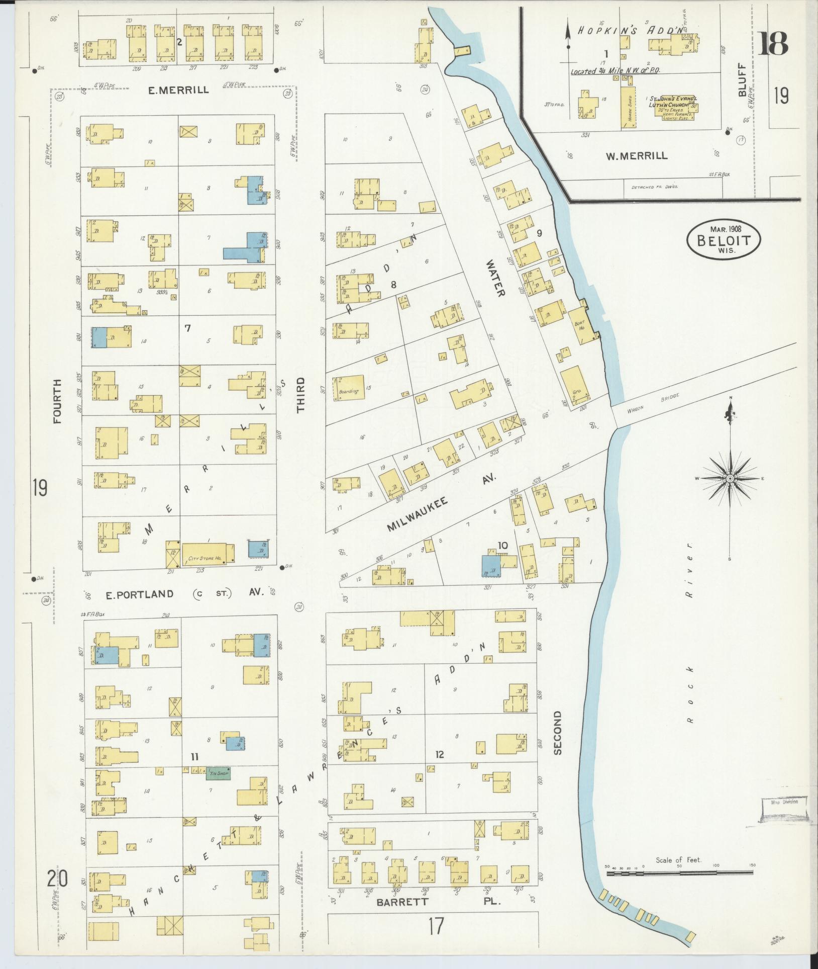 Sanborn Fire Insurance Map from Beloit, Rock County, Wisconsin (1908), Sheet #0018 - Complete Map Set gallery image, historic Sanborn map, vintage wall art, Wisconsin Wisconsin