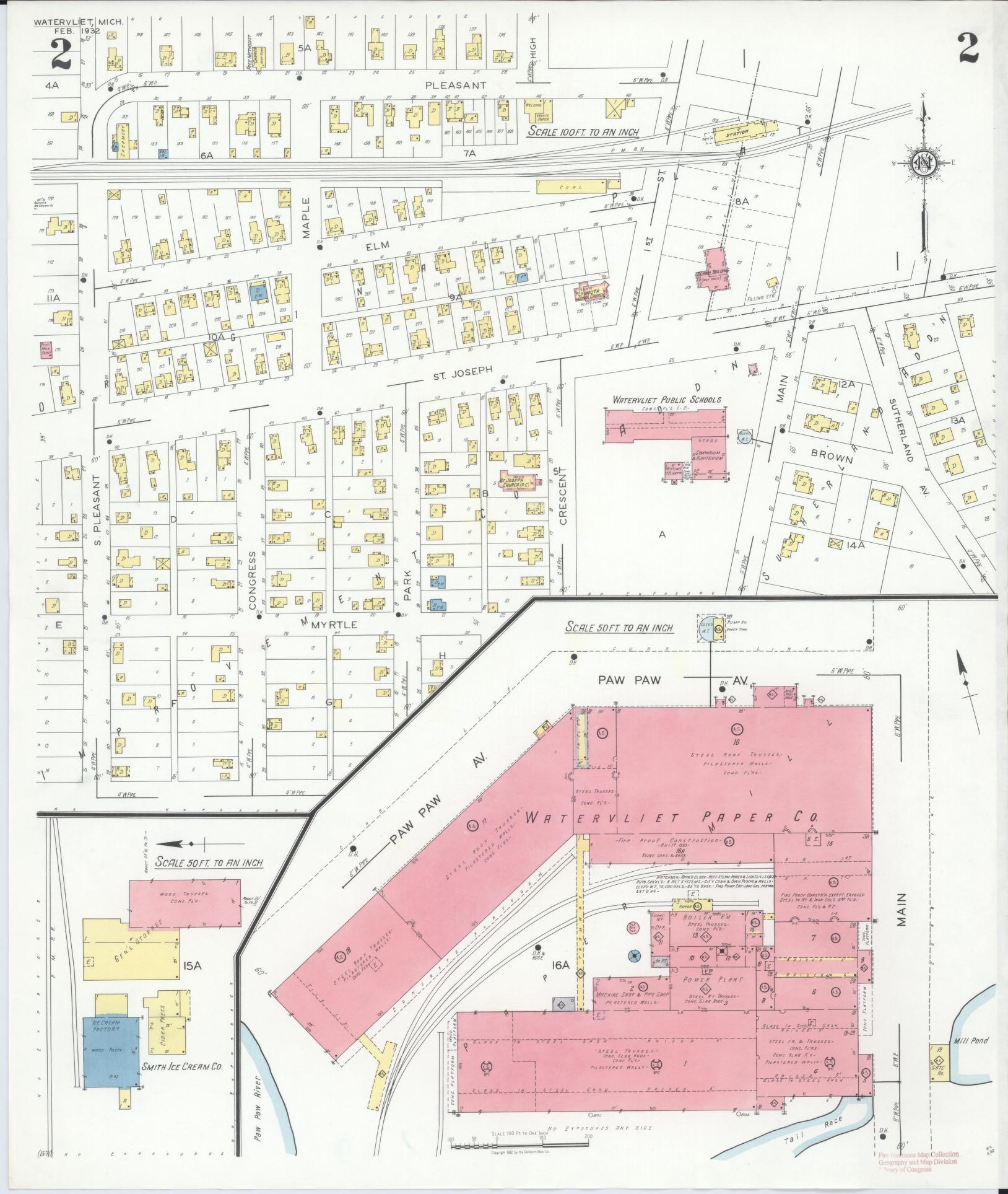 Sanborn Fire Insurance Map from Watervliet, Berrien County, Michigan (1932), Sheet #0002 - Historic Sanborn Fire Insurance Map Print, vintage old map wall art, antique decor, genealogy gift, Michigan Michigan map