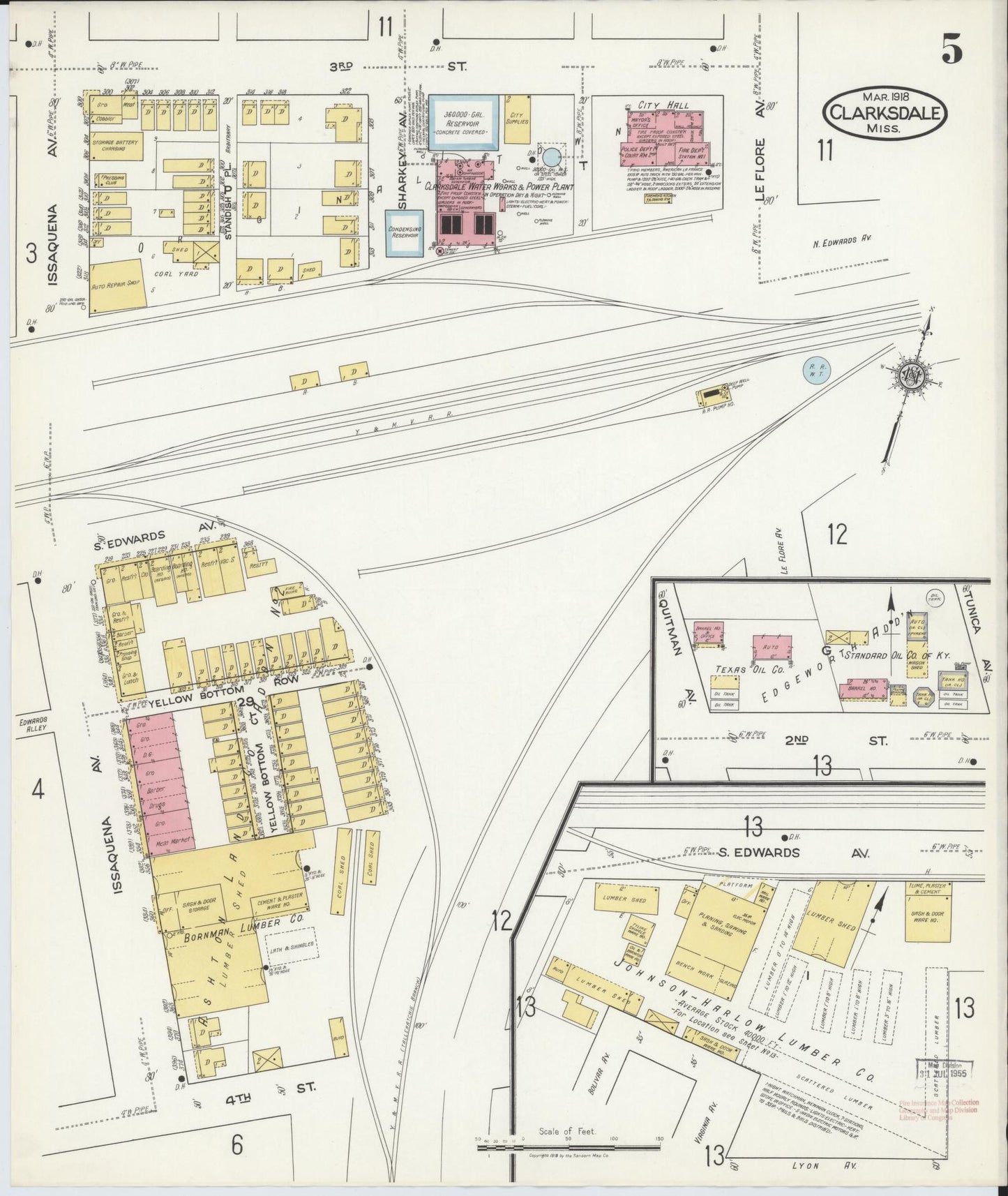 Sanborn Fire Insurance Map from Clarksdale, Coahoma County, Mississippi (1918), Sheet #0005 - Historic Sanborn Fire Insurance Map Print, vintage old map wall art, antique decor, genealogy gift, Mississippi Mississippi map