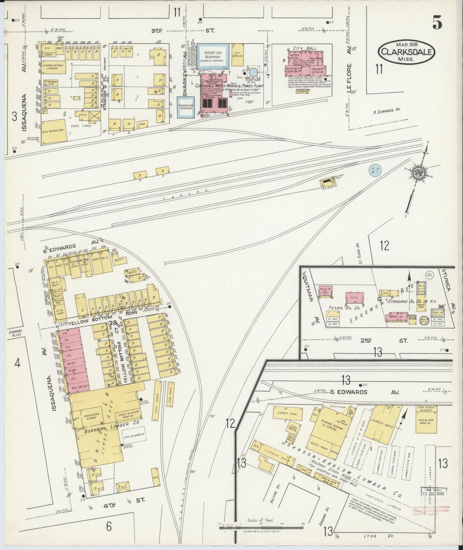 Sanborn Fire Insurance Map from Clarksdale, Coahoma County, Mississippi (1918), Sheet #0005 - Historic Sanborn Fire Insurance Map Print, vintage old map wall art, antique decor, genealogy gift, Mississippi Mississippi map