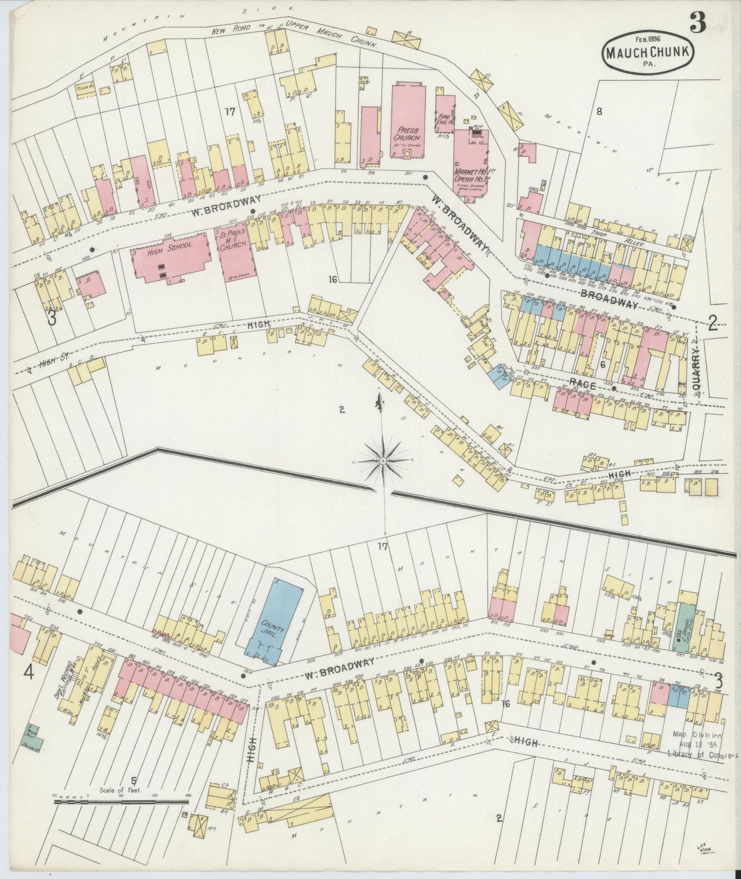 Sanborn Fire Insurance Map from Mauch Chunk, Carbon County, Pennsylvania (1896), Sheet #0003 - Historic Sanborn Fire Insurance Map Print, vintage old map wall art, antique decor, genealogy gift, Pennsylvania Pennsylvania map