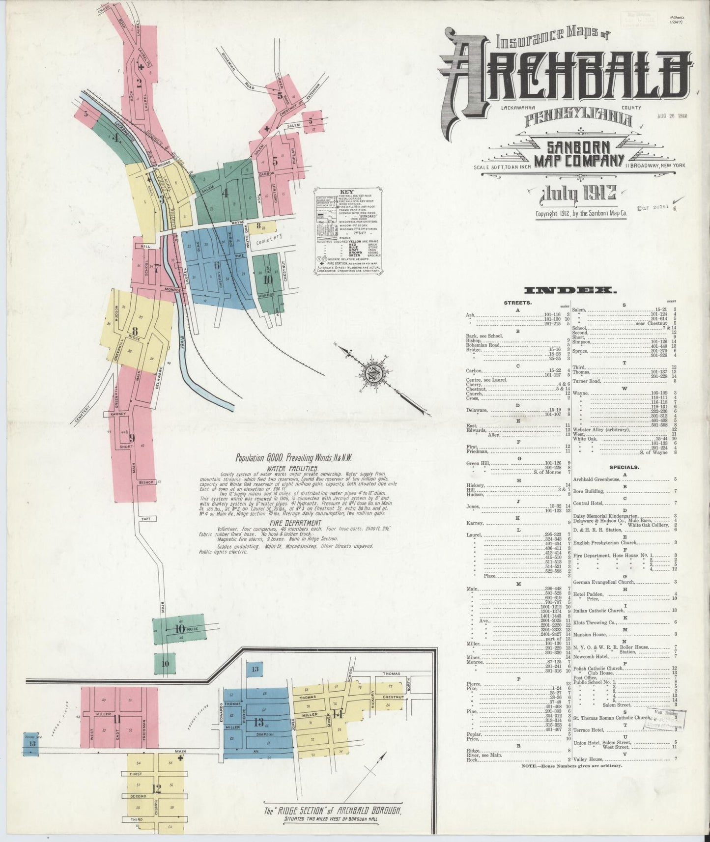 Sanborn Fire Insurance Map from Archbald, Lackawanna County, Pennsylvania (1912), Sheet #0001 - Historic Sanborn Fire Insurance Map Print, vintage old map wall art, antique decor, genealogy gift, Pennsylvania Pennsylvania map
