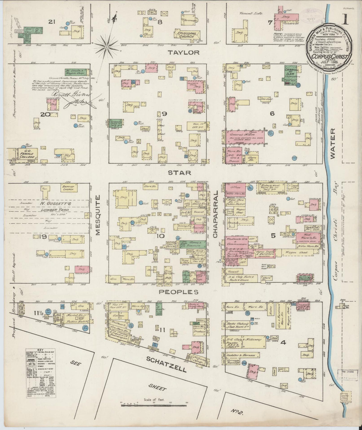 Sanborn Fire Insurance Map from Corpus Christi, Nueces County, Texas (1885), Sheet #0001 - Historic Sanborn Fire Insurance Map Print, vintage old map wall art, antique decor, genealogy gift, Texas Texas map