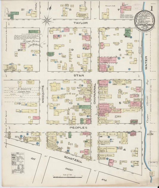 Sanborn Fire Insurance Map from Corpus Christi, Nueces County, Texas (1885), Sheet #0001 - Historic Sanborn Fire Insurance Map Print, vintage old map wall art, antique decor, genealogy gift, Texas Texas map