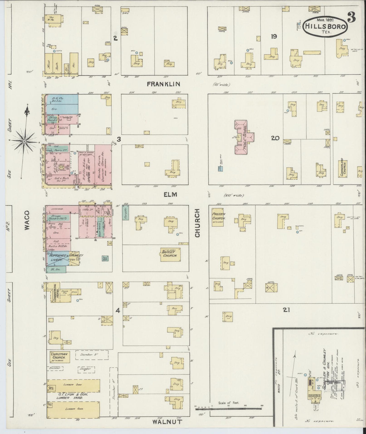 Sanborn Fire Insurance Map from Hillsboro, Hill County, Texas (1891), Sheet #0003 - Complete Map Set gallery image, historic Sanborn map, vintage wall art, Texas Texas