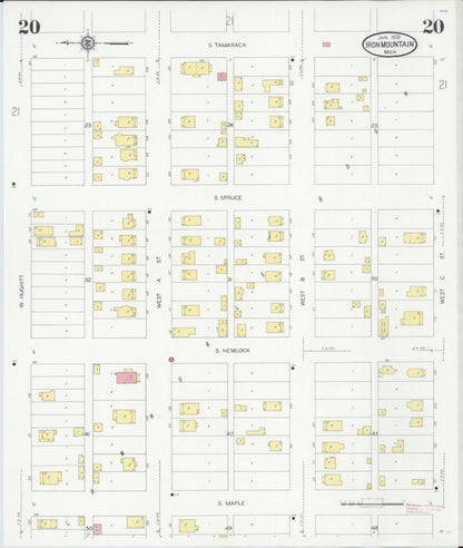 Sanborn Fire Insurance Map from Iron Mountain, Dickinson County, Michigan (1930), Sheet #0020 - Historic Sanborn Fire Insurance Map Print, vintage old map wall art, antique decor, genealogy gift, Michigan Michigan map
