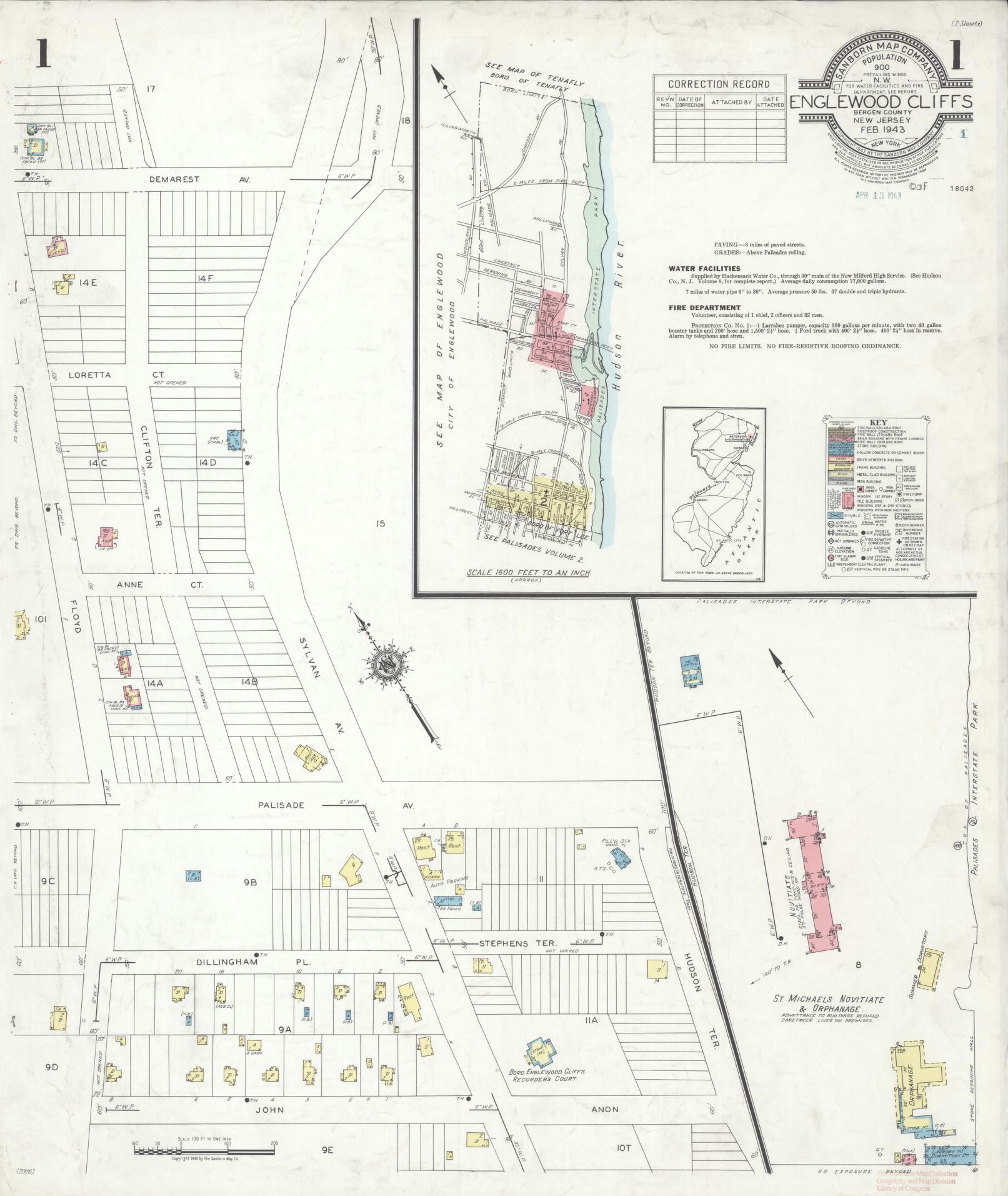 Sanborn Fire Insurance Map from Englewood Cliffs, Bergen County, New Jersey (1943), Sheet #0001 - Complete Map Set gallery image, historic Sanborn map, vintage wall art, New Jersey New Jersey
