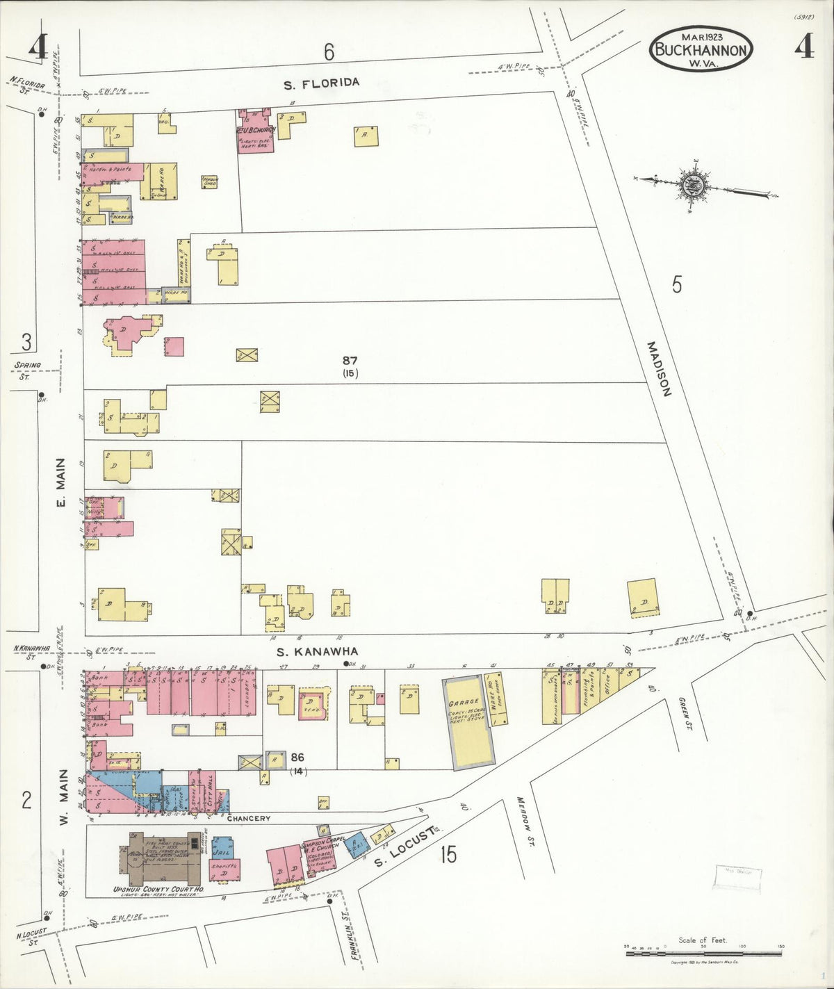 Sanborn Fire Insurance Map from Buckhannon, Upshur County, West Virginia (1923), Sheet #0004 - Historic Sanborn Fire Insurance Map Print, vintage old map wall art, antique decor, genealogy gift, West Virginia West Virginia map