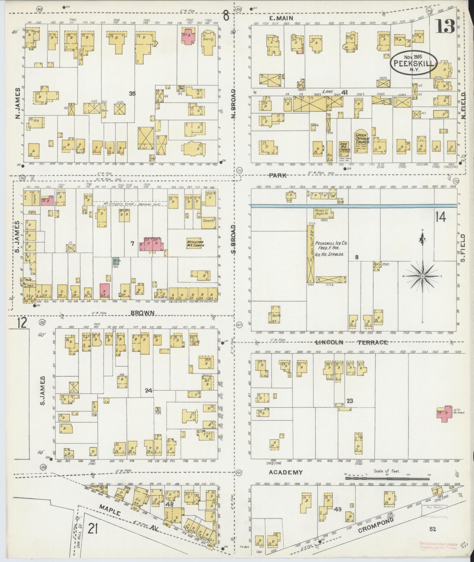 Sanborn Fire Insurance Map from Peekskill, Westchester County, New York (1905), Sheet #0013 - Complete Map Set gallery image, historic Sanborn map, vintage wall art, New York New York