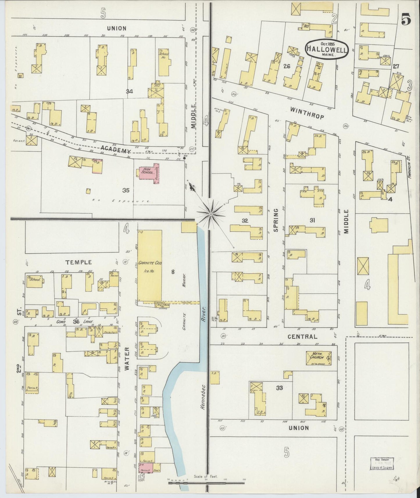 Sanborn Fire Insurance Map from Hallowell, Kennebec County, Maine (1895), Sheet #0005 - Complete Map Set gallery image, historic Sanborn map, vintage wall art, Maine Maine